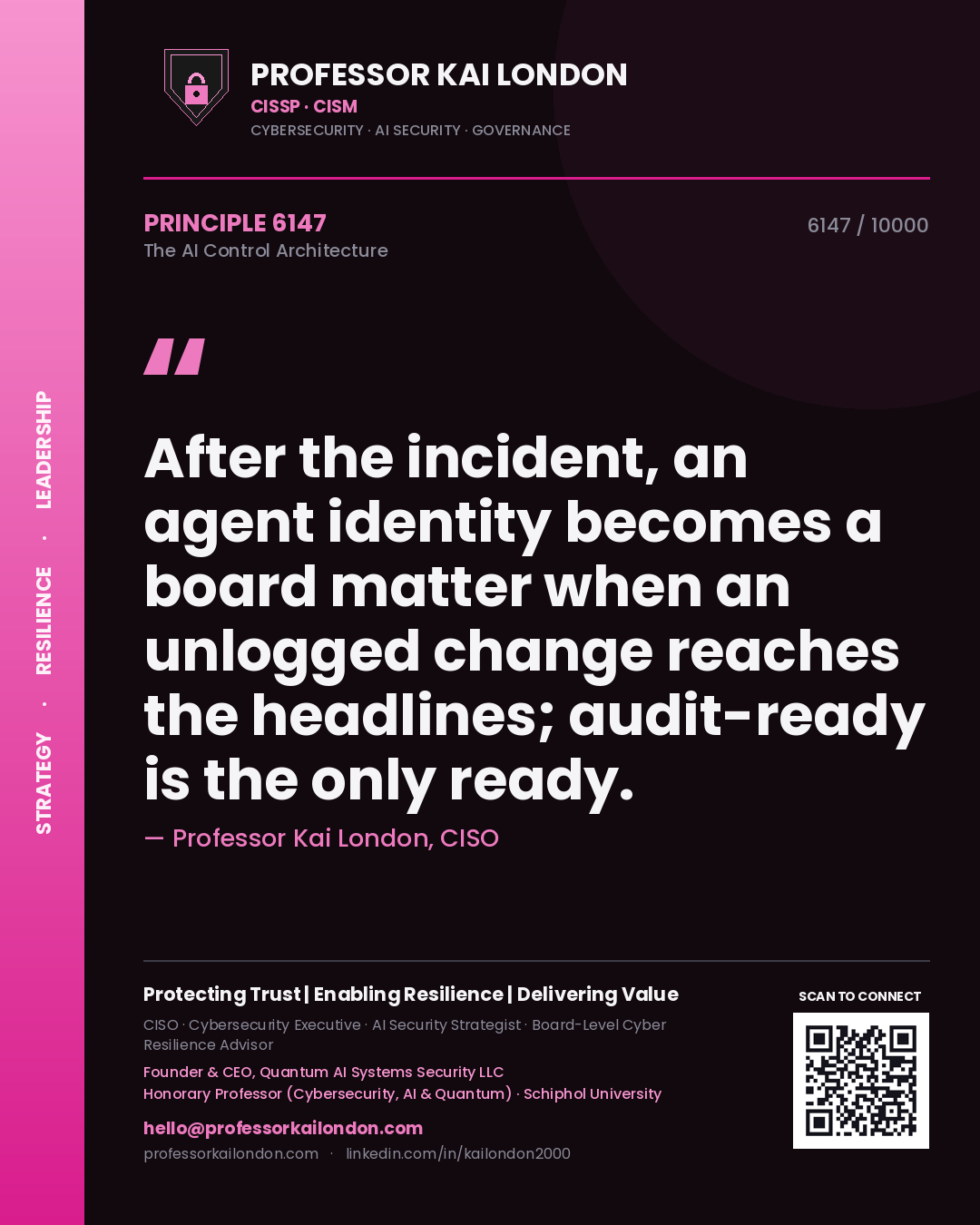 Quote card by Professor Kai London reading 'After the incident, an agent identity becomes a board matter when an unlogged change reaches the headlines; audit-ready is the only ready.'. From the book The AI Control Architecture.