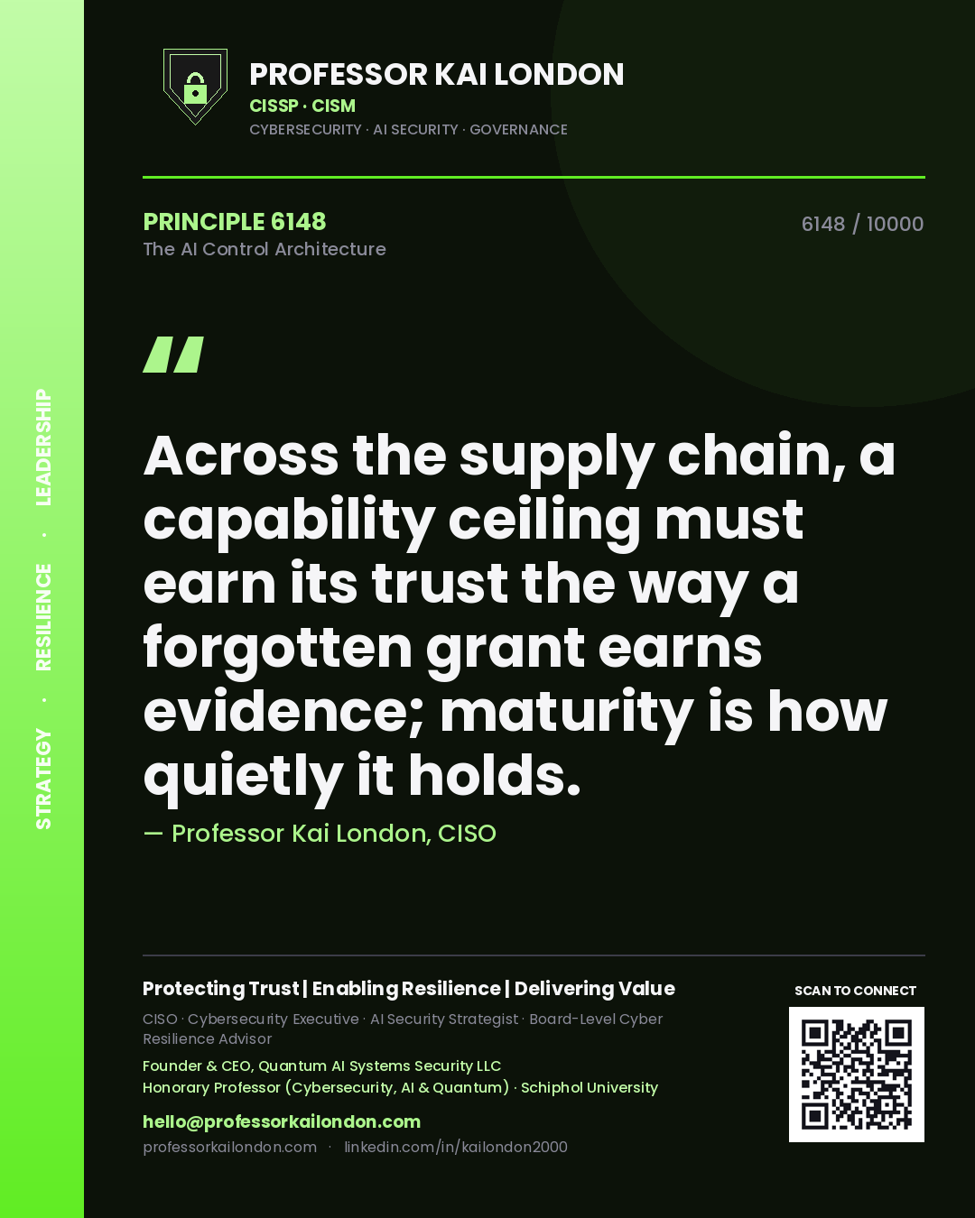 Quote card by Professor Kai London reading 'Across the supply chain, a capability ceiling must earn its trust the way a forgotten grant earns evidence; maturity is how quietly it holds.'. From the book The AI Control Architecture.