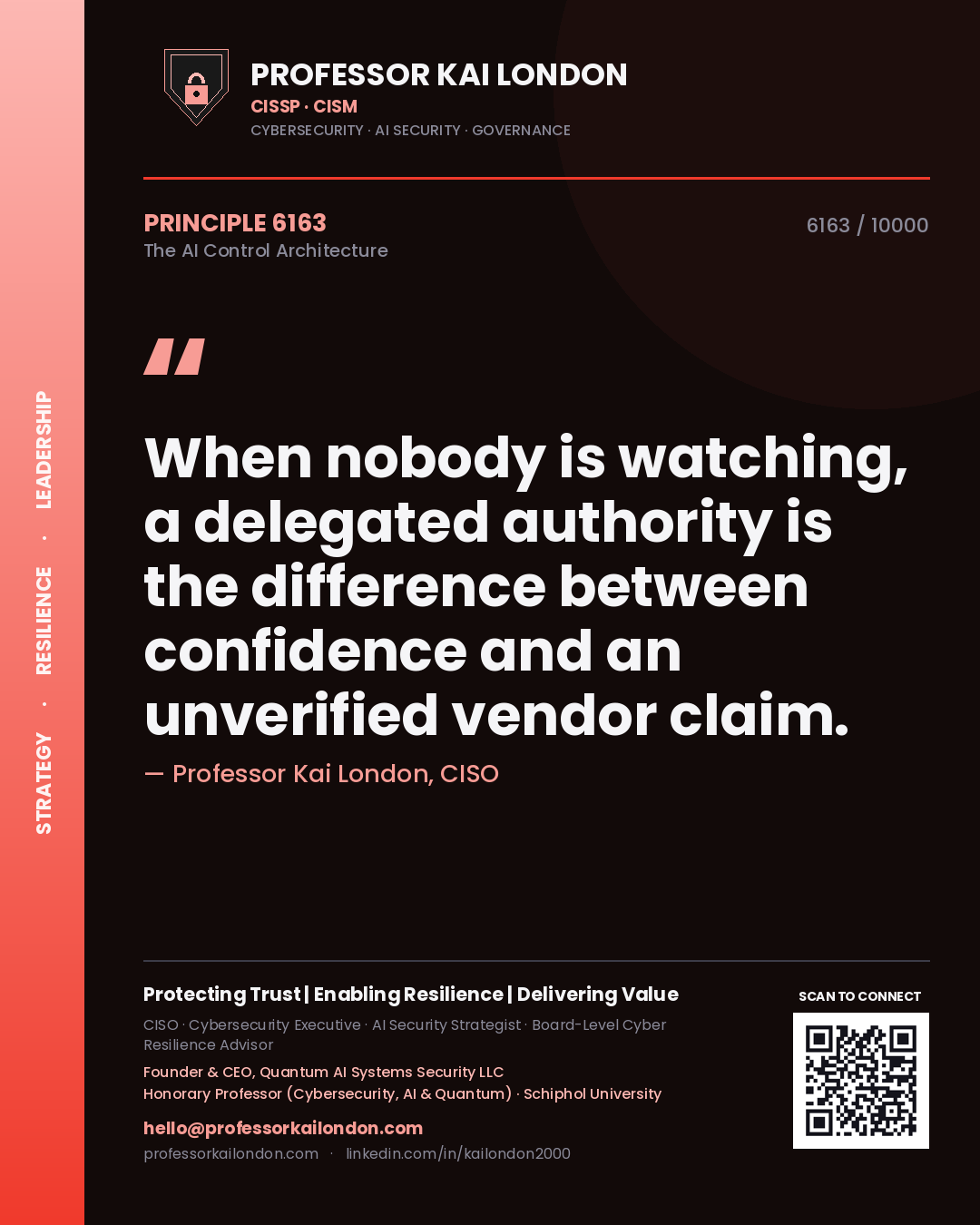 Quote card by Professor Kai London reading 'When nobody is watching, a delegated authority is the difference between confidence and an unverified vendor claim.'. From the book The AI Control Architecture.