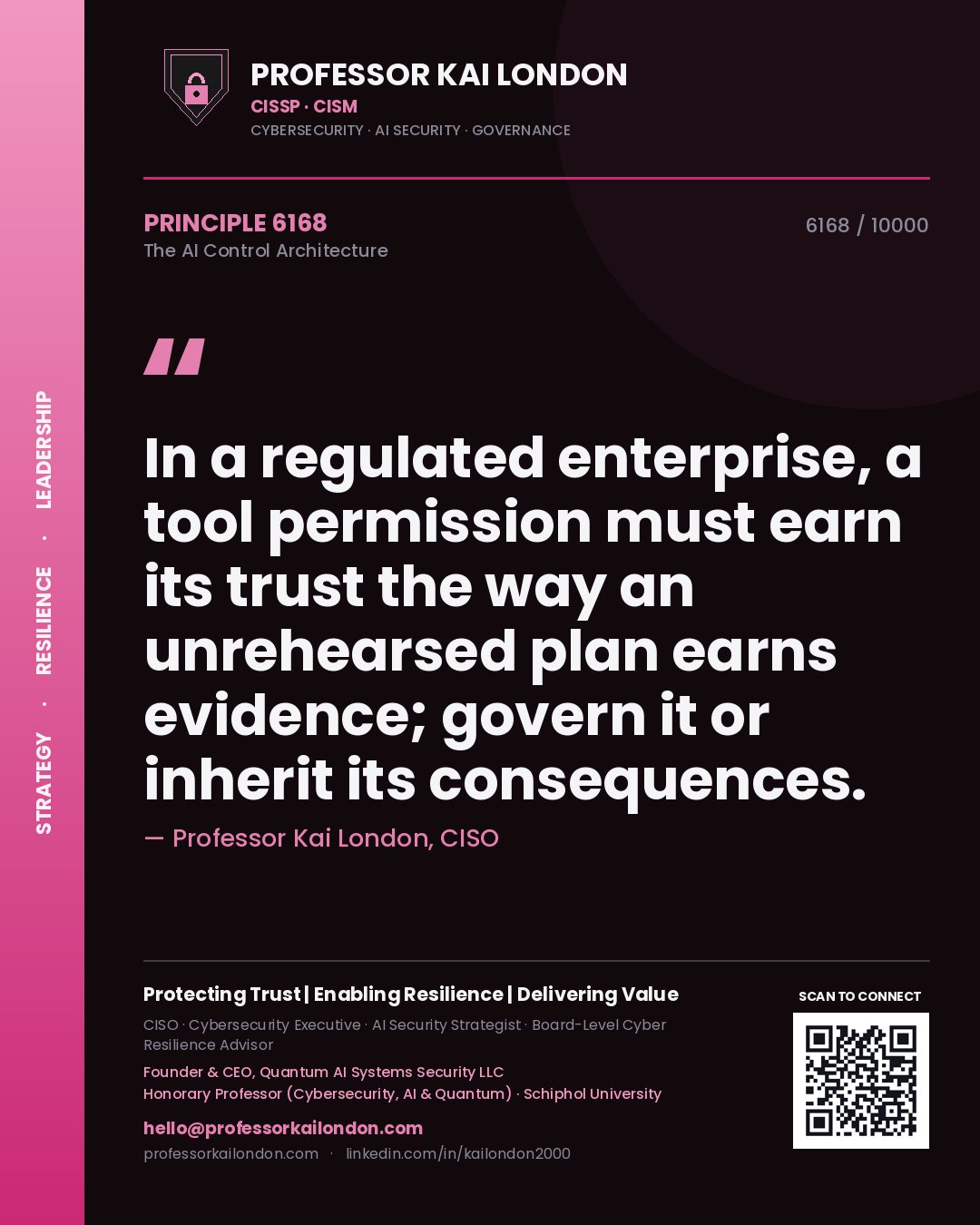 Quote card by Professor Kai London reading 'In a regulated enterprise, a tool permission must earn its trust the way an unrehearsed plan earns evidence; govern it or inherit its consequences.'. From the book The AI Control Architecture.