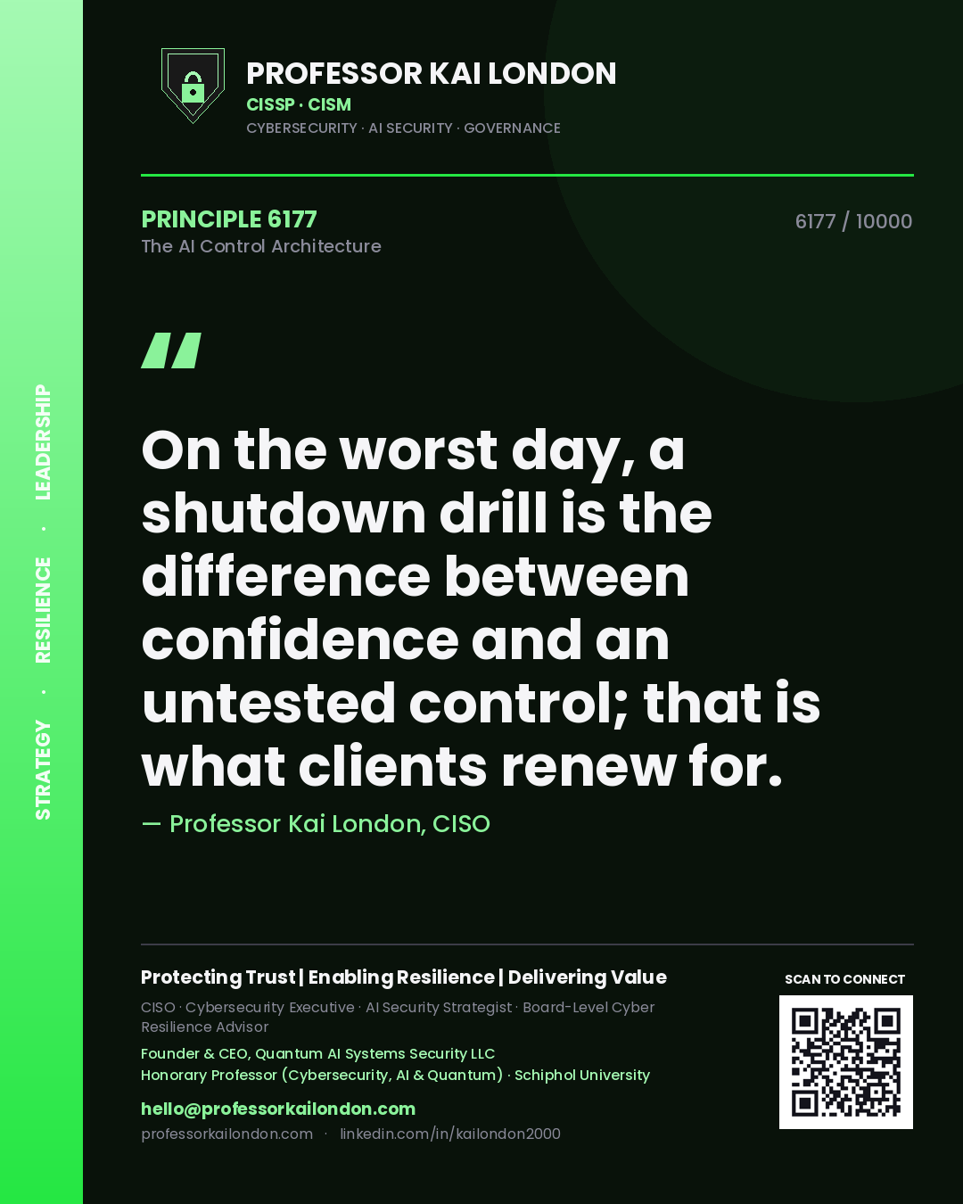 Quote card by Professor Kai London reading 'On the worst day, a shutdown drill is the difference between confidence and an untested control; that is what clients renew for.'. From the book The AI Control Architecture.