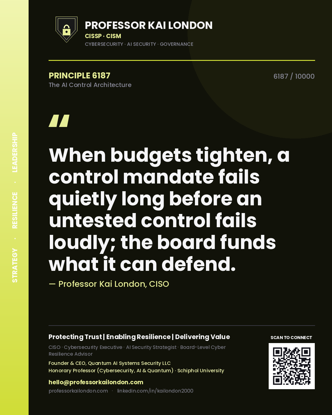 Professor Kai London principle 6187: When budgets tighten, a control mandate fails quietly long before an untested control fails loudly; the board funds what it can defend.