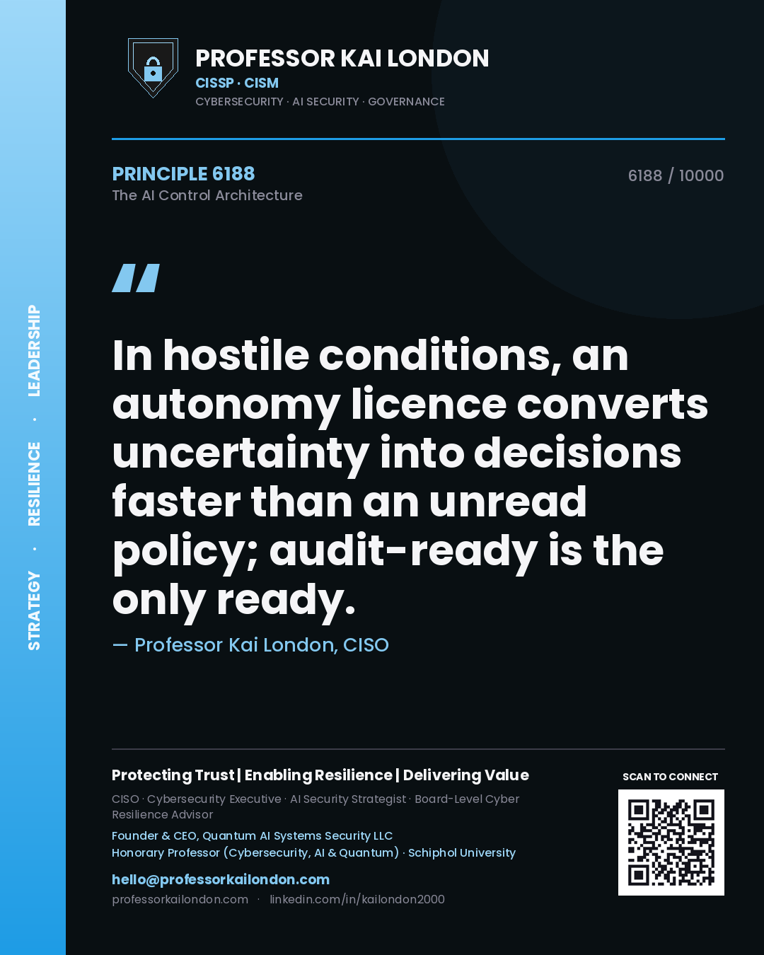 Quote card by Professor Kai London reading 'In hostile conditions, an autonomy licence converts uncertainty into decisions faster than an unread policy; audit-ready is the only ready.'. From the book The AI Control Architecture.
