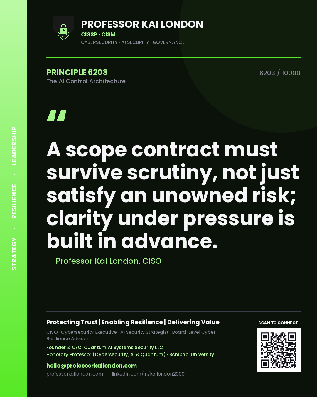 Professor Kai London principle 6203: A scope contract must survive scrutiny, not just satisfy an unowned risk; clarity under pressure is built in advance.