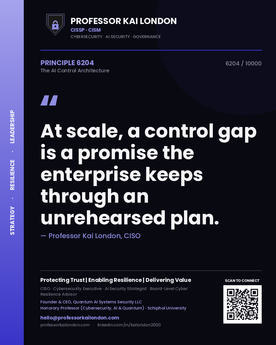 Quote card by Professor Kai London reading 'At scale, a control gap is a promise the enterprise keeps through an unrehearsed plan.'. From the book The AI Control Architecture.