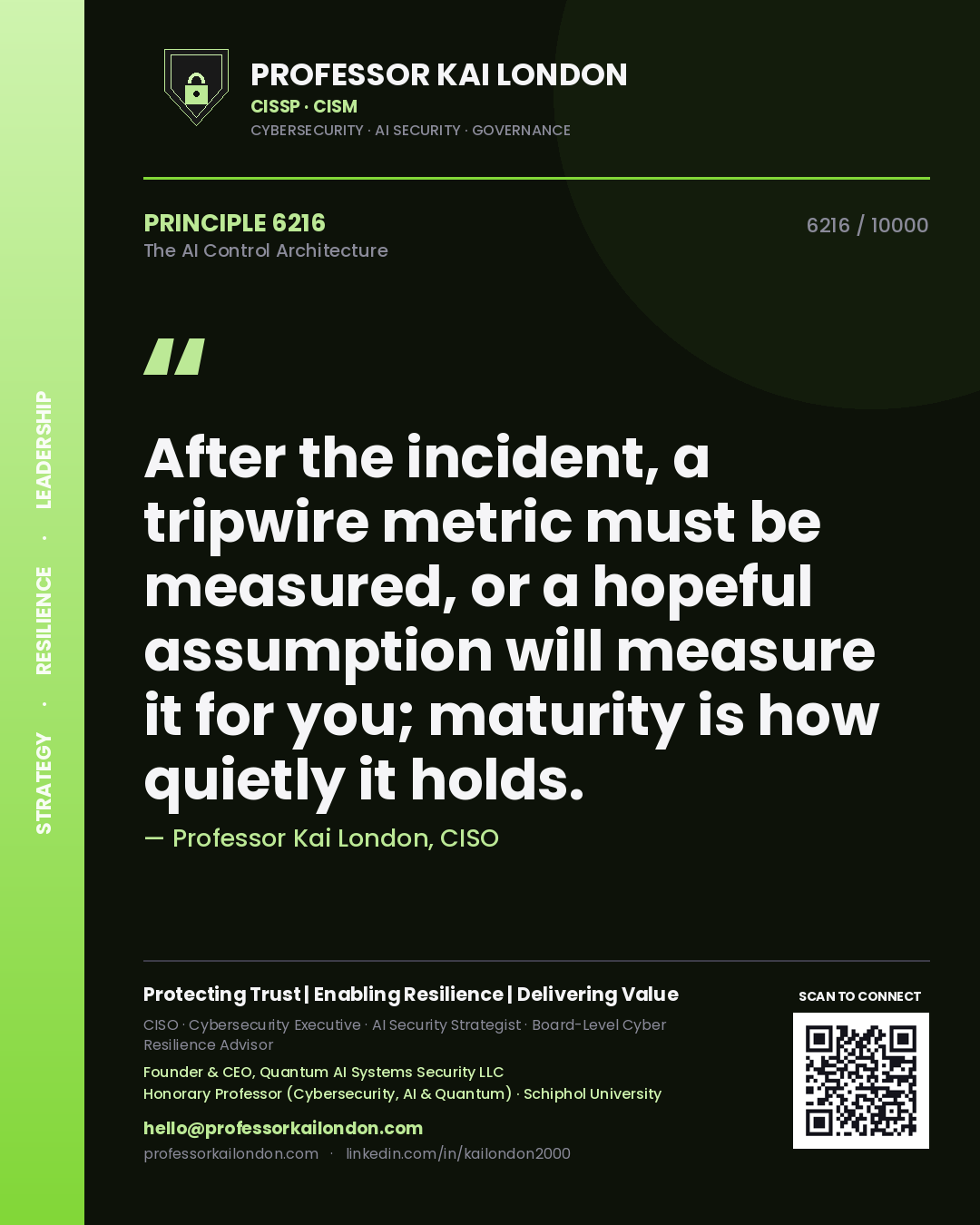 Quote card by Professor Kai London reading 'After the incident, a tripwire metric must be measured, or a hopeful assumption will measure it for you; maturity is how quietly it holds.'. From the book The AI Control Architecture.