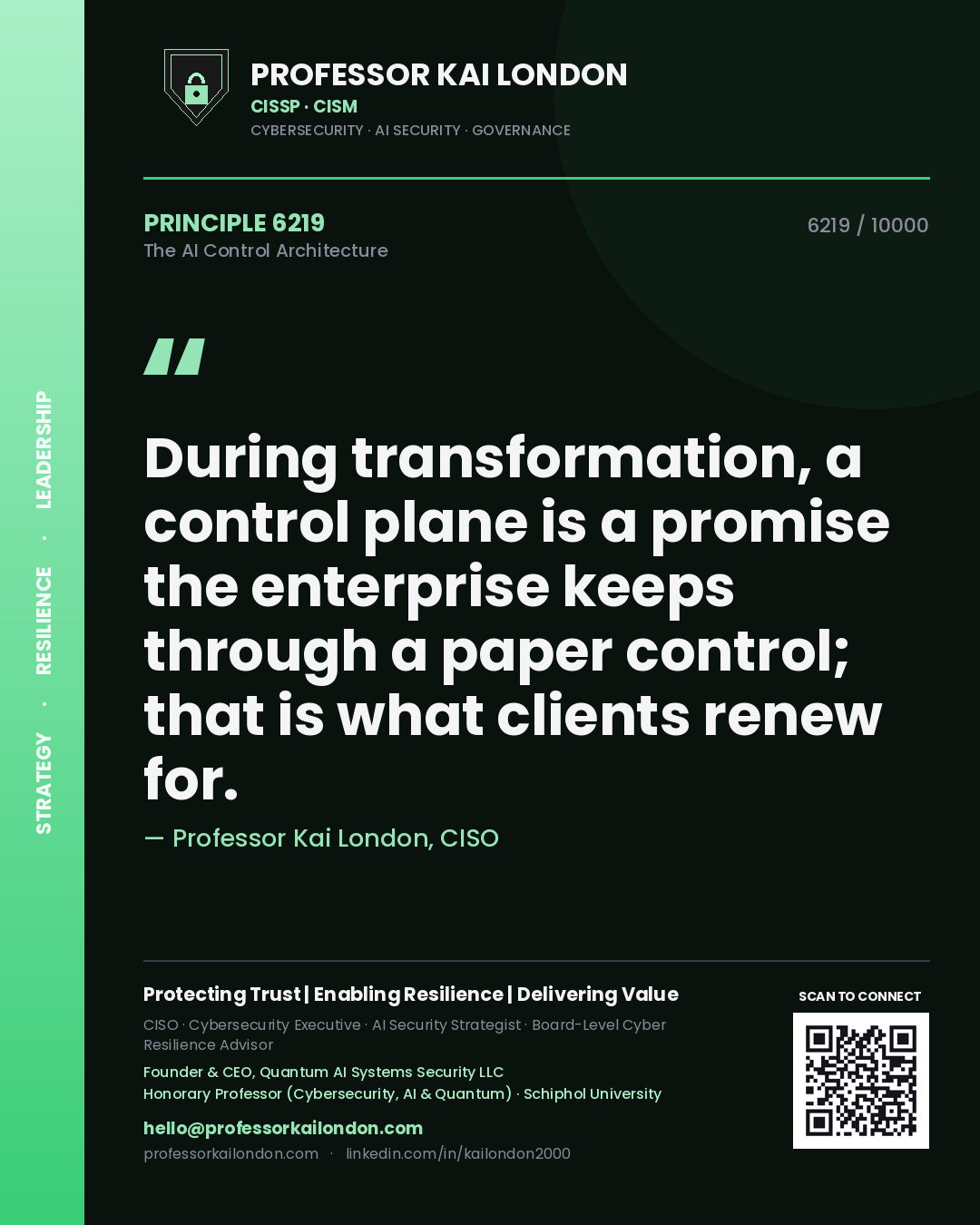 Professor Kai London principle 6219: During transformation, a control plane is a promise the enterprise keeps through a paper control; that is what clients renew for.