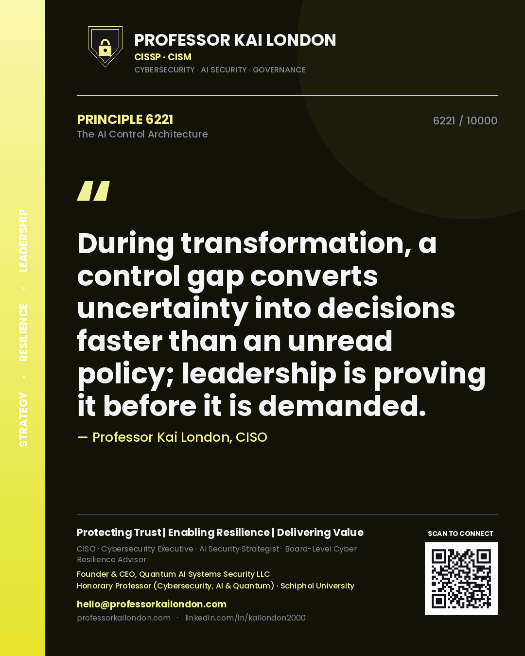 Professor Kai London principle 6221: During transformation, a control gap converts uncertainty into decisions faster than an unread policy; leadership is proving it before it is demanded.