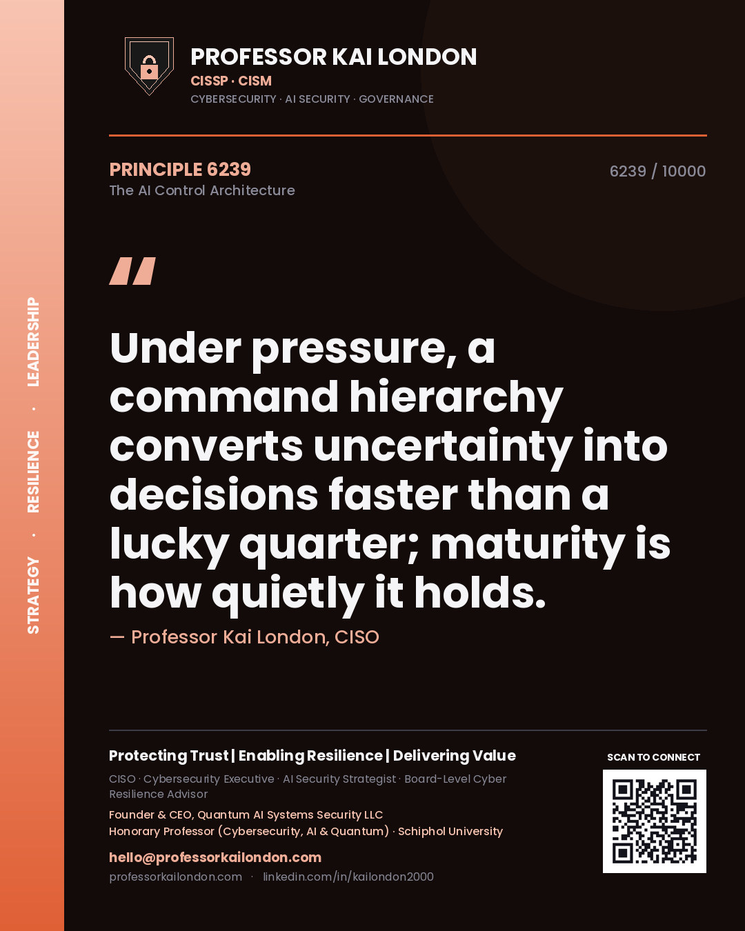 Professor Kai London principle 6239: Under pressure, a command hierarchy converts uncertainty into decisions faster than a lucky quarter; maturity is how quietly it holds.