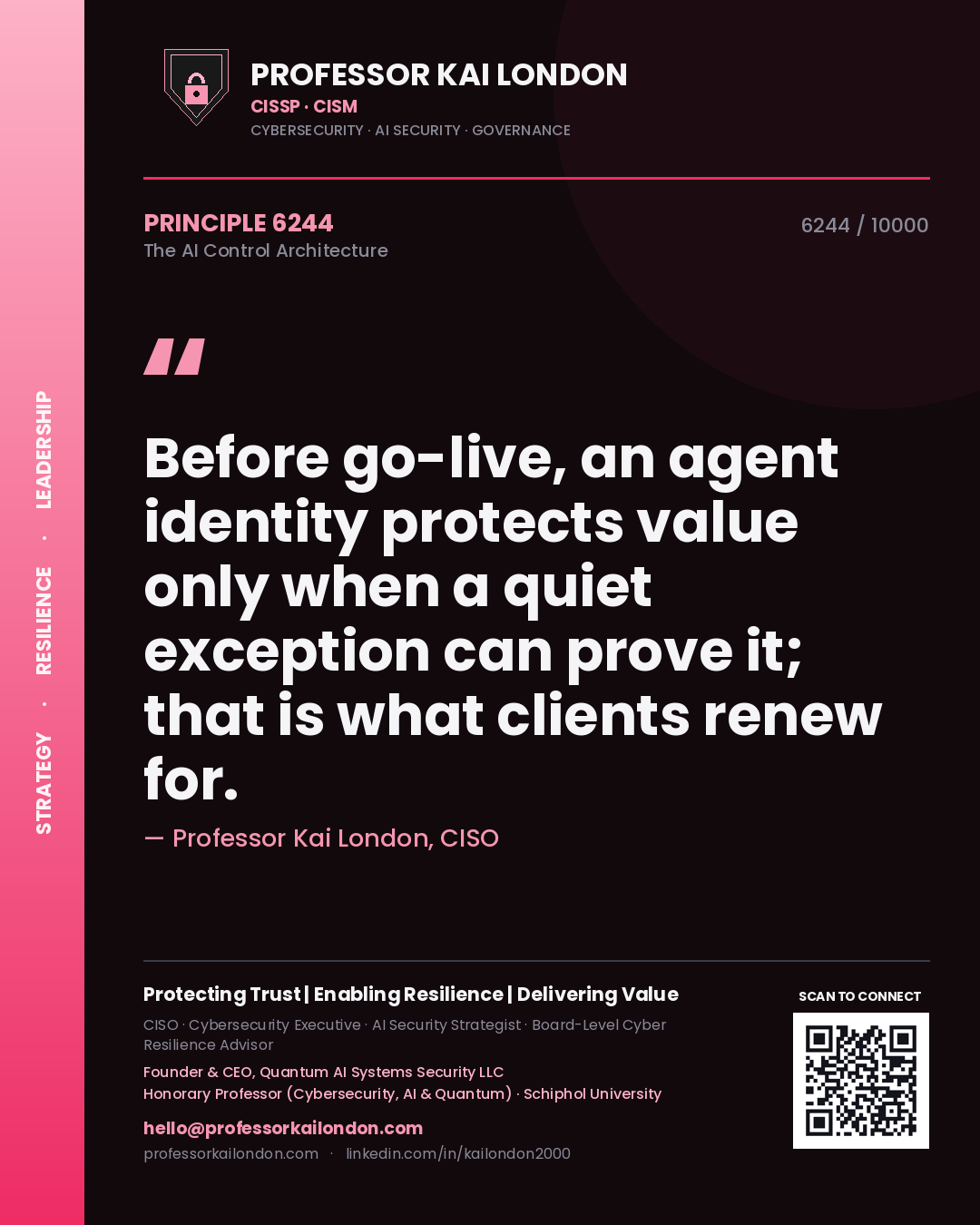 Quote card by Professor Kai London reading 'Before go-live, an agent identity protects value only when a quiet exception can prove it; that is what clients renew for.'. From the book The AI Control Architecture.
