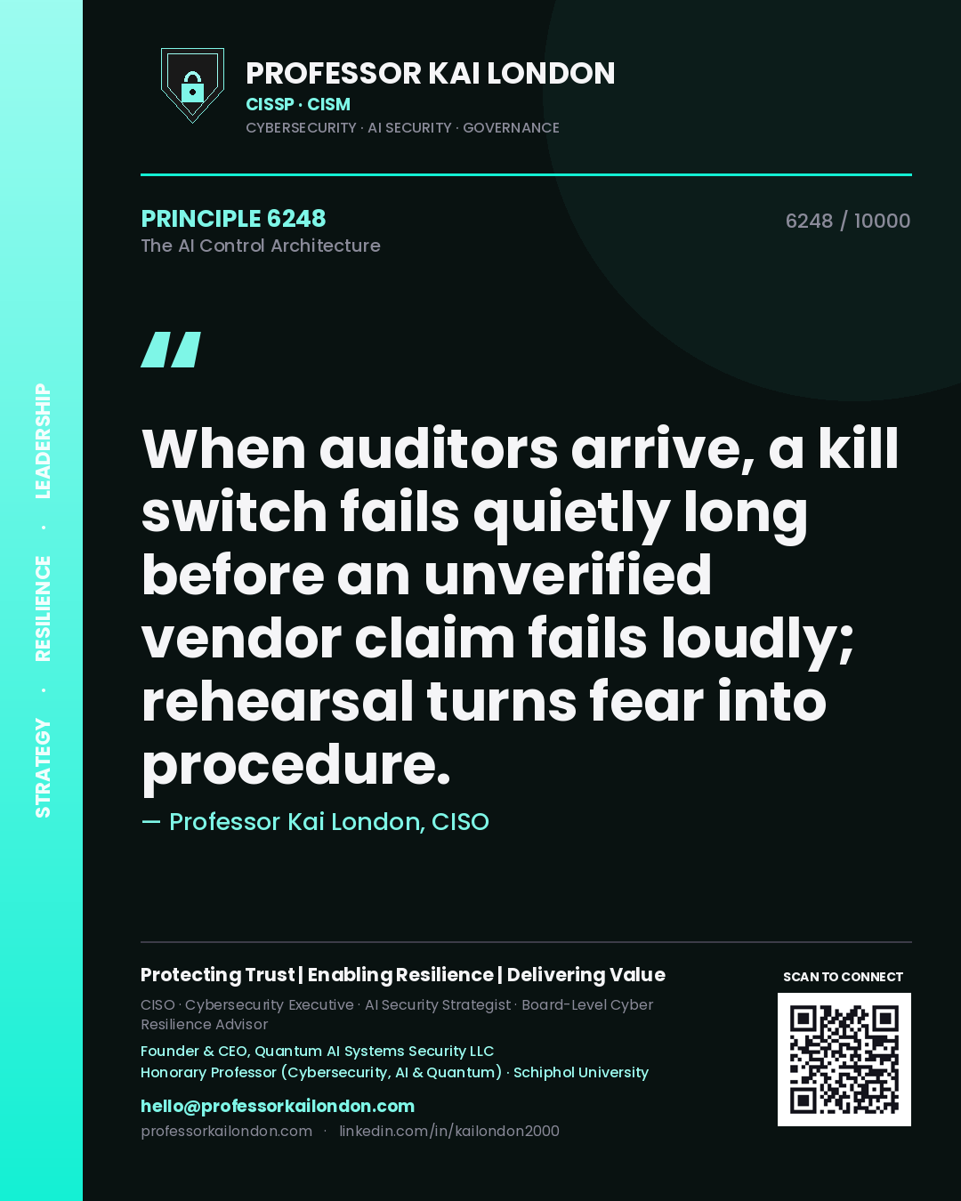 Professor Kai London principle 6248: When auditors arrive, a kill switch fails quietly long before an unverified vendor claim fails loudly; rehearsal turns fear into procedure.