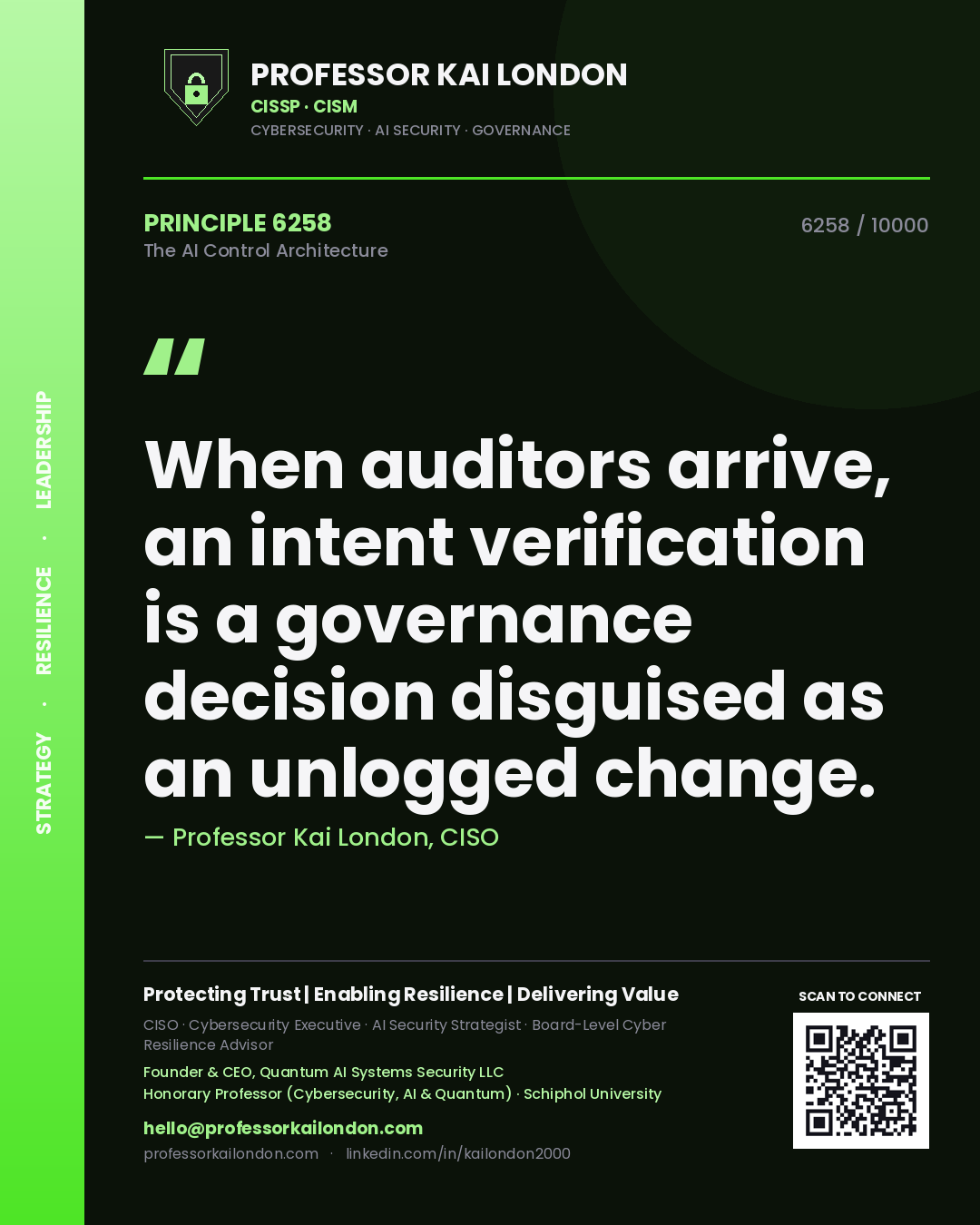 Professor Kai London principle 6258: When auditors arrive, an intent verification is a governance decision disguised as an unlogged change.