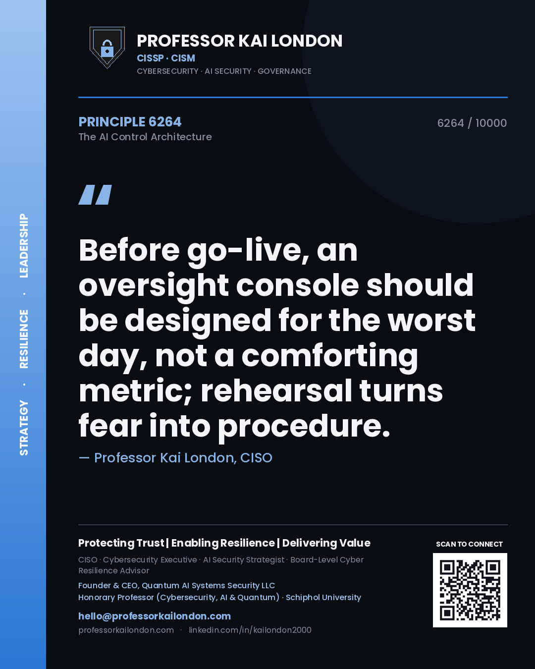Professor Kai London principle 6264: Before go-live, an oversight console should be designed for the worst day, not a comforting metric; rehearsal turns fear into procedure.