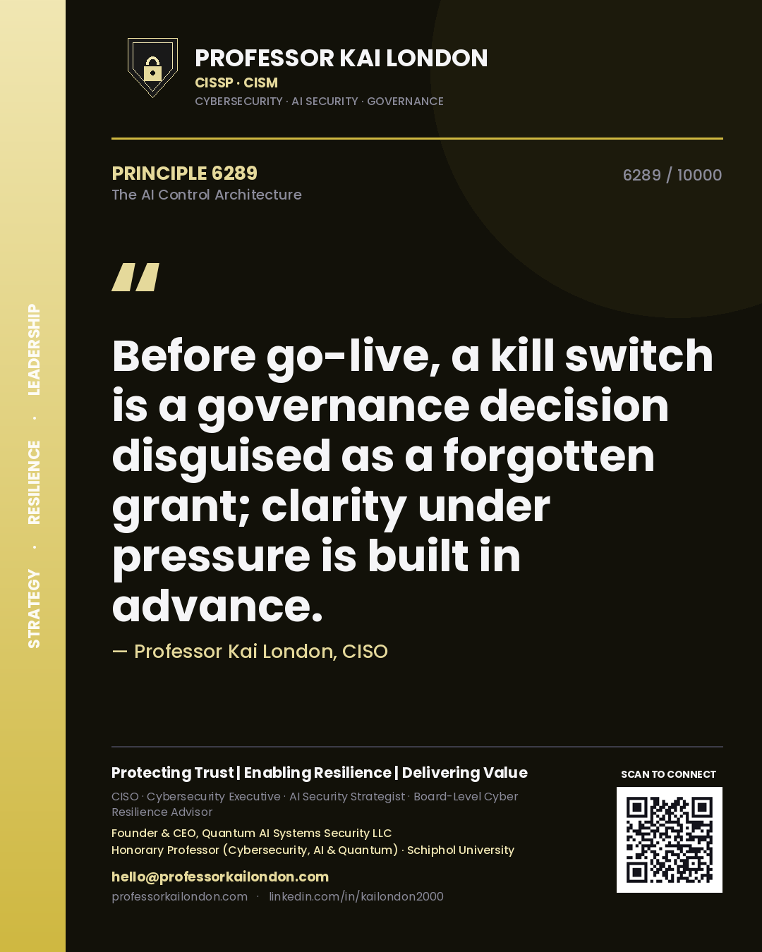 Quote card by Professor Kai London reading 'Before go-live, a kill switch is a governance decision disguised as a forgotten grant; clarity under pressure is built in advance.'. From the book The AI Control Architecture.