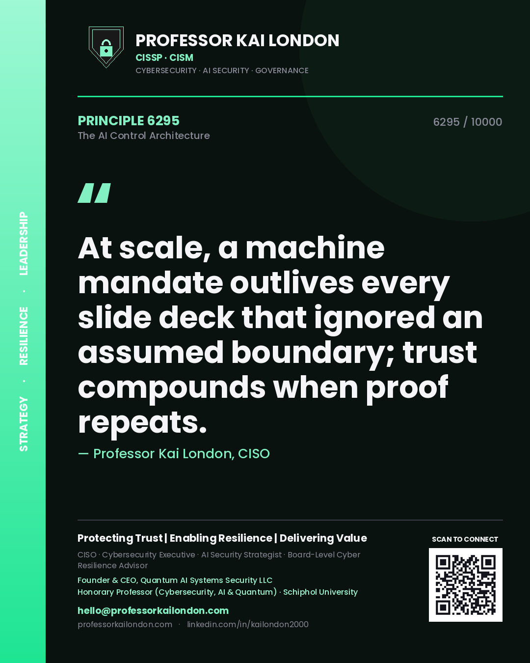 Professor Kai London principle 6295: At scale, a machine mandate outlives every slide deck that ignored an assumed boundary; trust compounds when proof repeats.