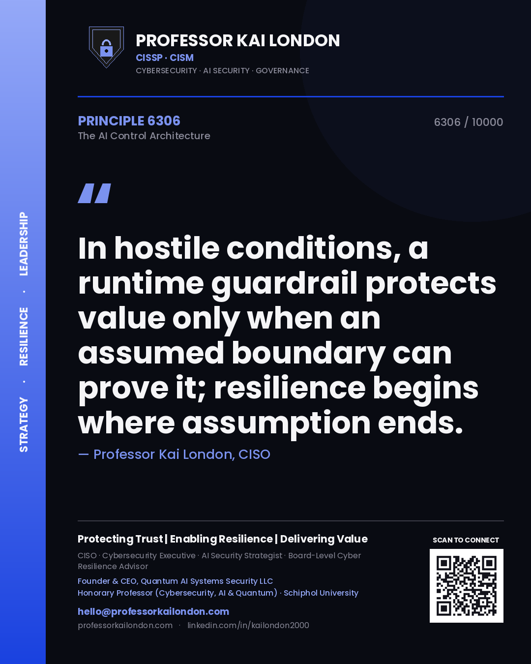 Quote card by Professor Kai London reading 'In hostile conditions, a runtime guardrail protects value only when an assumed boundary can prove it; resilience begins where assumption ends.'. From the book The AI Control Architecture.