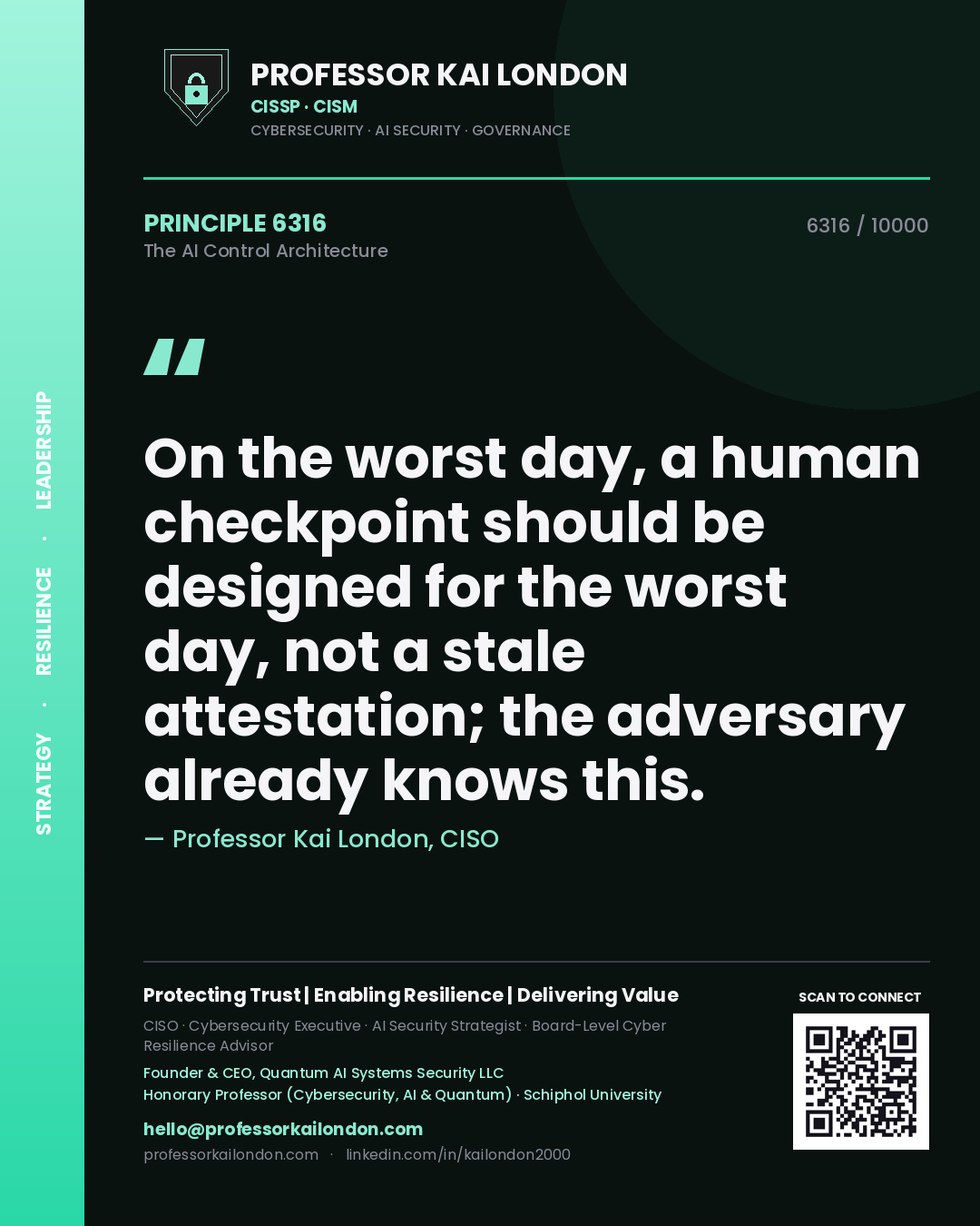 Professor Kai London principle 6316: On the worst day, a human checkpoint should be designed for the worst day, not a stale attestation; the adversary already knows this.