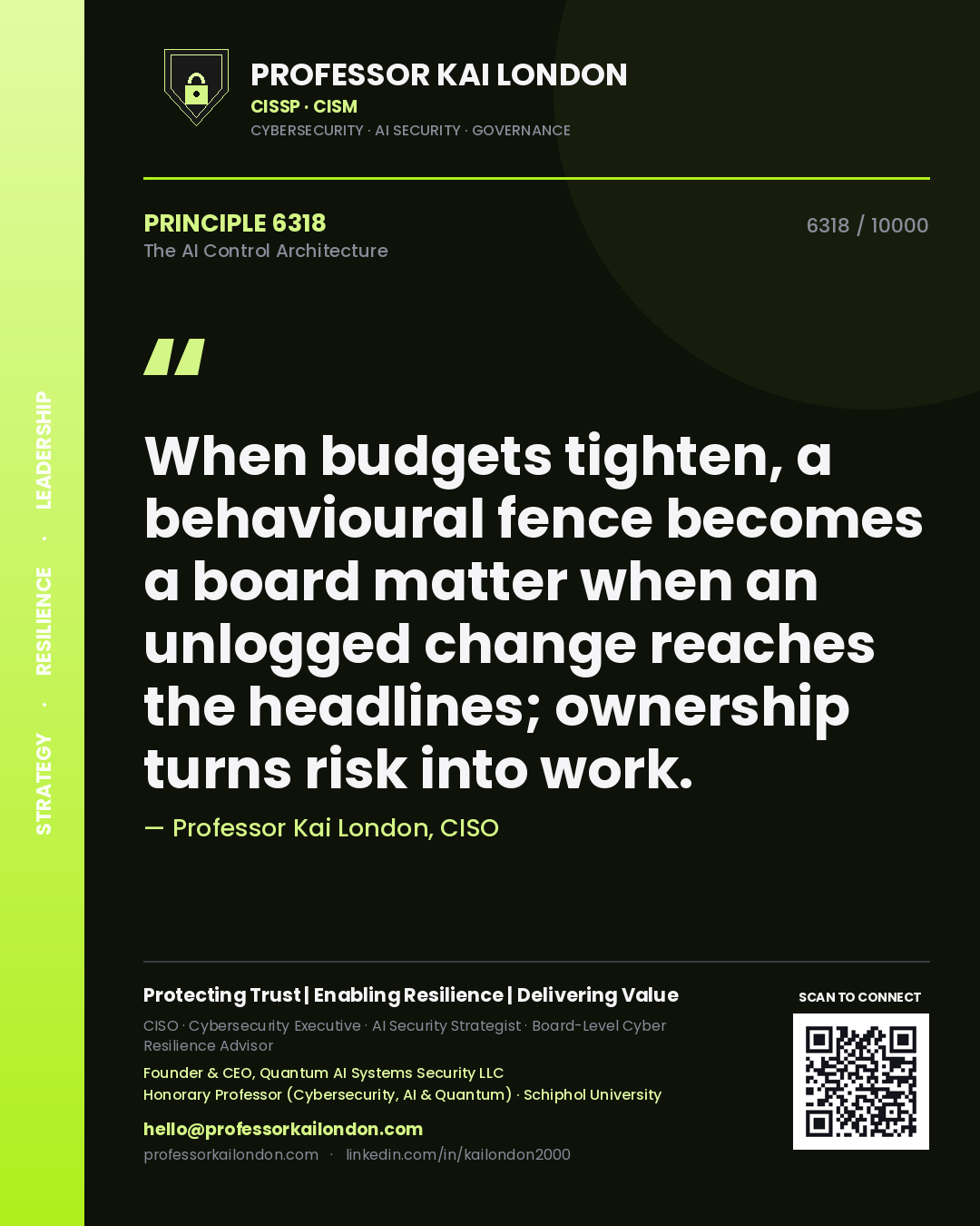 Professor Kai London principle 6318: When budgets tighten, a behavioural fence becomes a board matter when an unlogged change reaches the headlines; ownership turns risk into work.