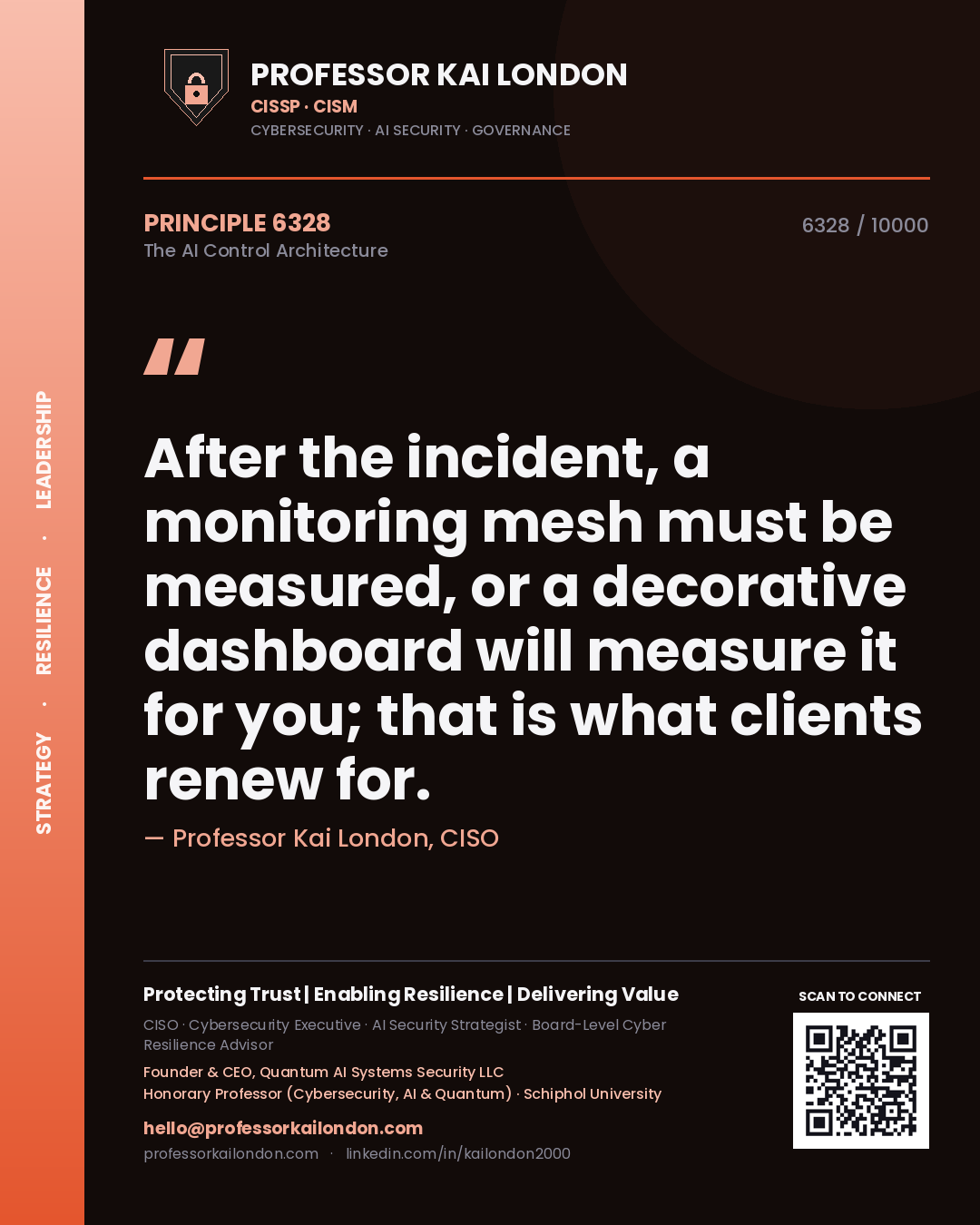 Professor Kai London principle 6328: After the incident, a monitoring mesh must be measured, or a decorative dashboard will measure it for you; that is what clients renew for.
