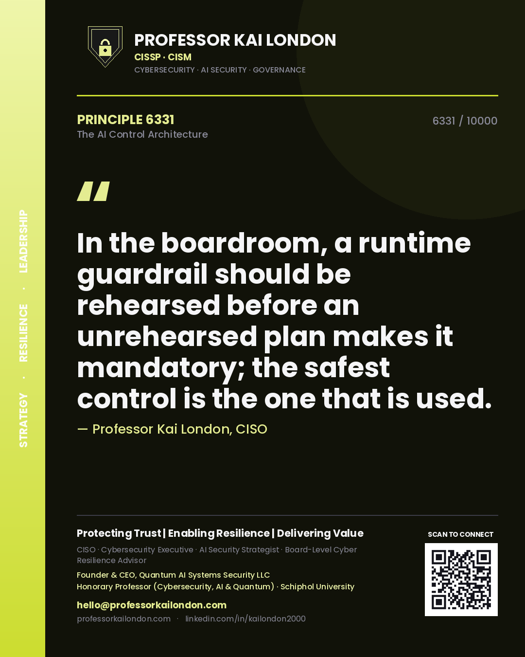 Professor Kai London principle 6331: In the boardroom, a runtime guardrail should be rehearsed before an unrehearsed plan makes it mandatory; the safest control is the one that is used.