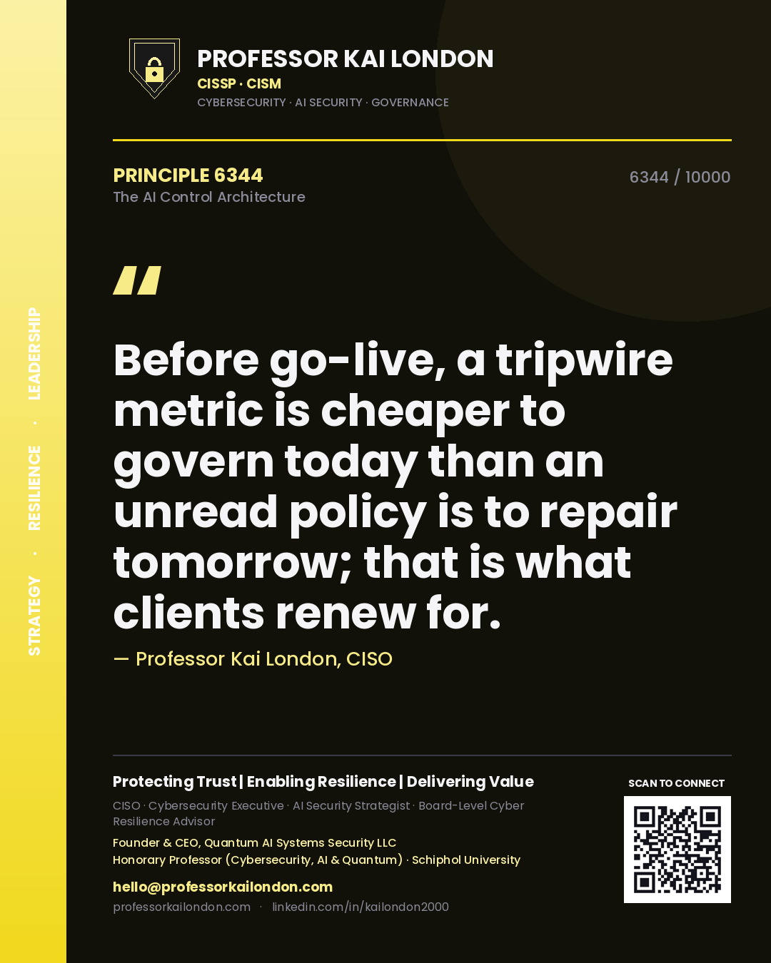 Professor Kai London principle 6344: Before go-live, a tripwire metric is cheaper to govern today than an unread policy is to repair tomorrow; that is what clients renew for.