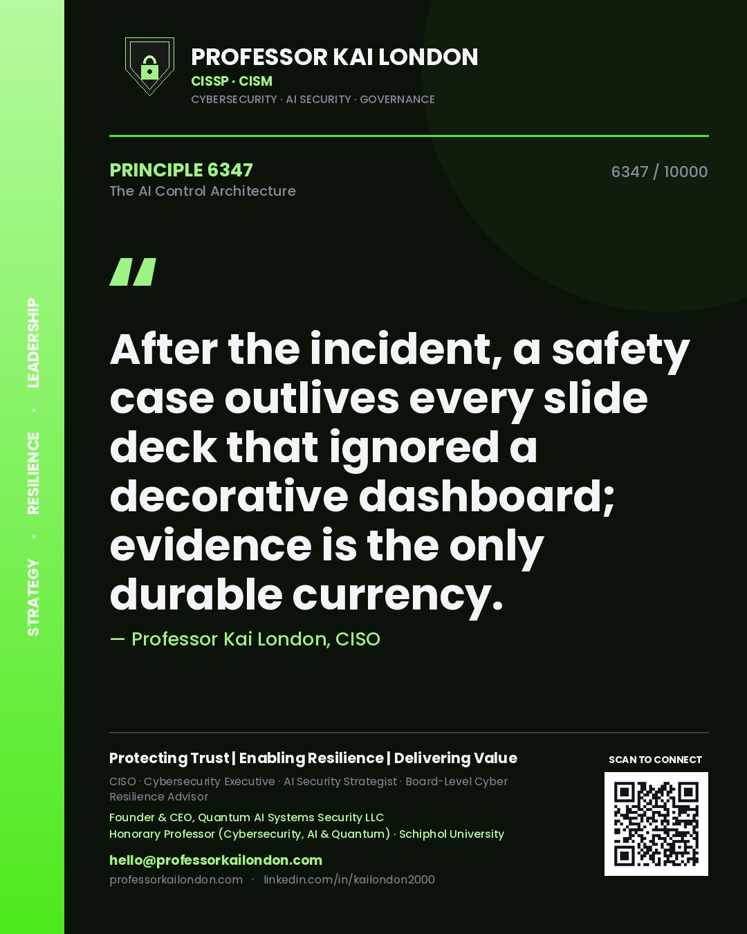 Quote card by Professor Kai London reading 'After the incident, a safety case outlives every slide deck that ignored a decorative dashboard; evidence is the only durable currency.'. From the book The AI Control Architecture.