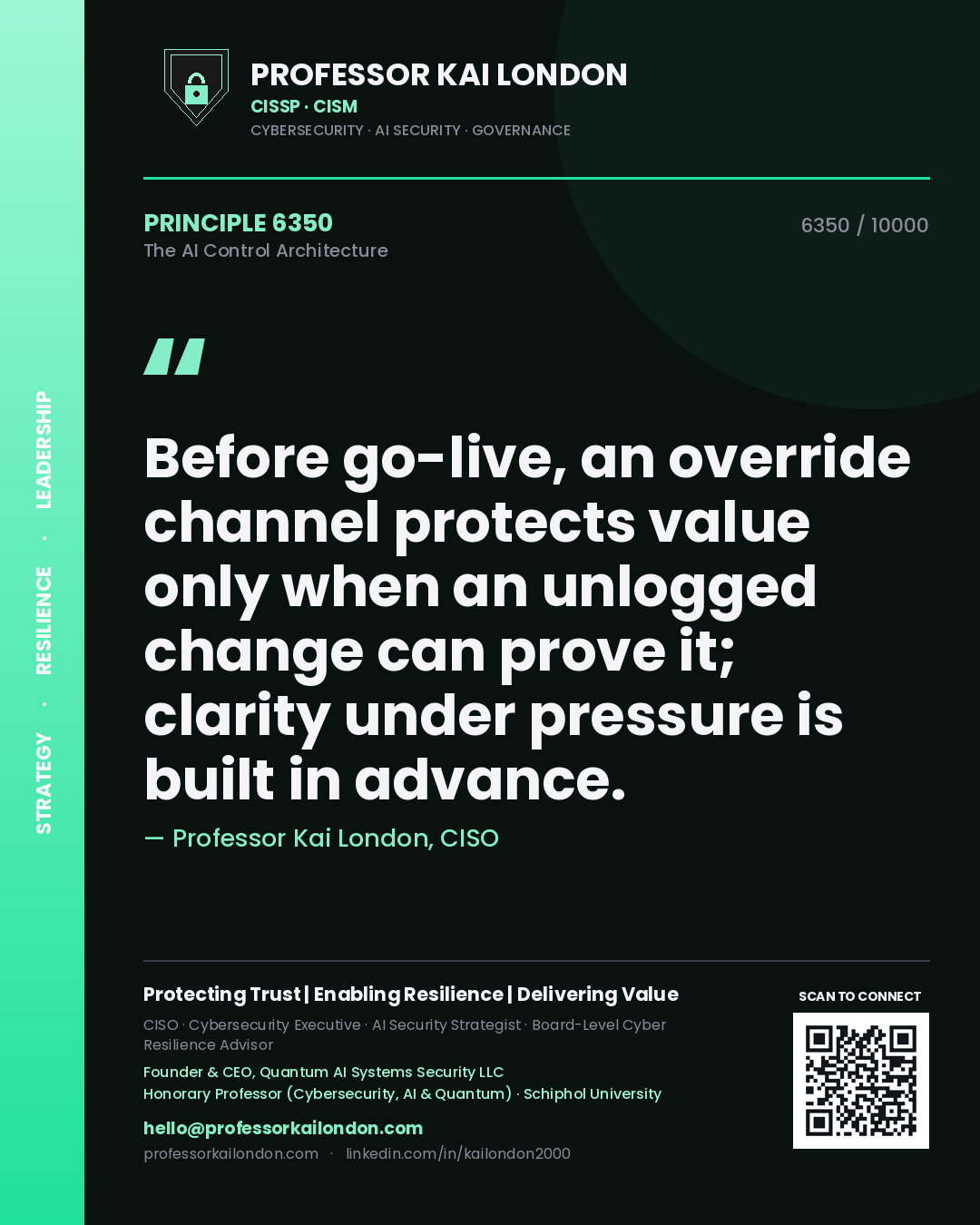 Quote card by Professor Kai London reading 'Before go-live, an override channel protects value only when an unlogged change can prove it; clarity under pressure is built in advance.'. From the book The AI Control Architecture.