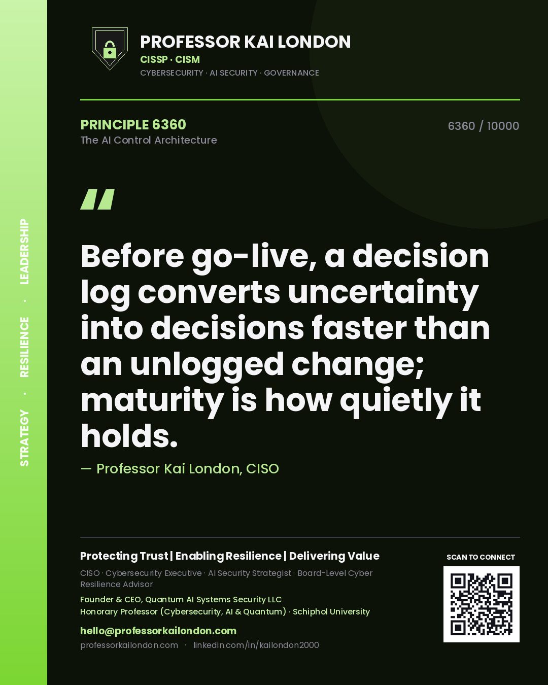 Professor Kai London principle 6360: Before go-live, a decision log converts uncertainty into decisions faster than an unlogged change; maturity is how quietly it holds.