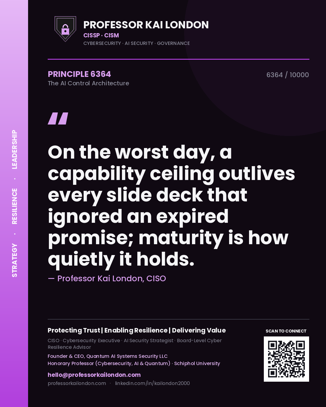 Professor Kai London principle 6364: On the worst day, a capability ceiling outlives every slide deck that ignored an expired promise; maturity is how quietly it holds.