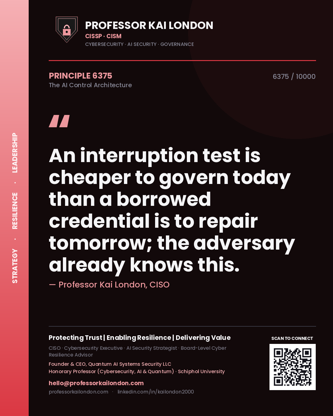 Professor Kai London principle 6375: An interruption test is cheaper to govern today than a borrowed credential is to repair tomorrow; the adversary already knows this.