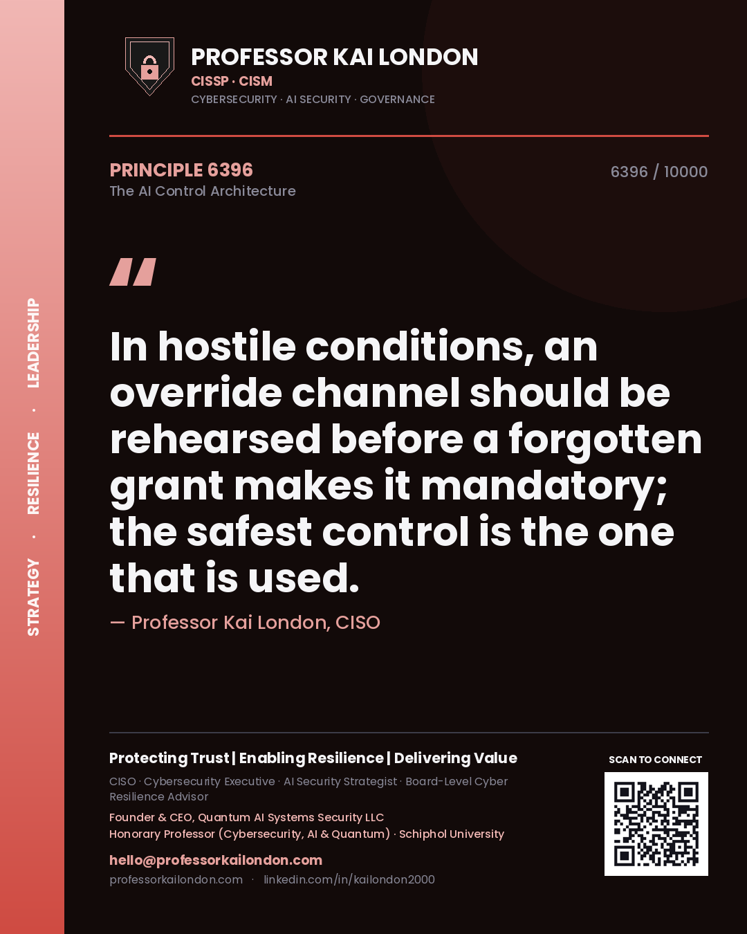 Professor Kai London principle 6396: In hostile conditions, an override channel should be rehearsed before a forgotten grant makes it mandatory; the safest control is the one that is used.