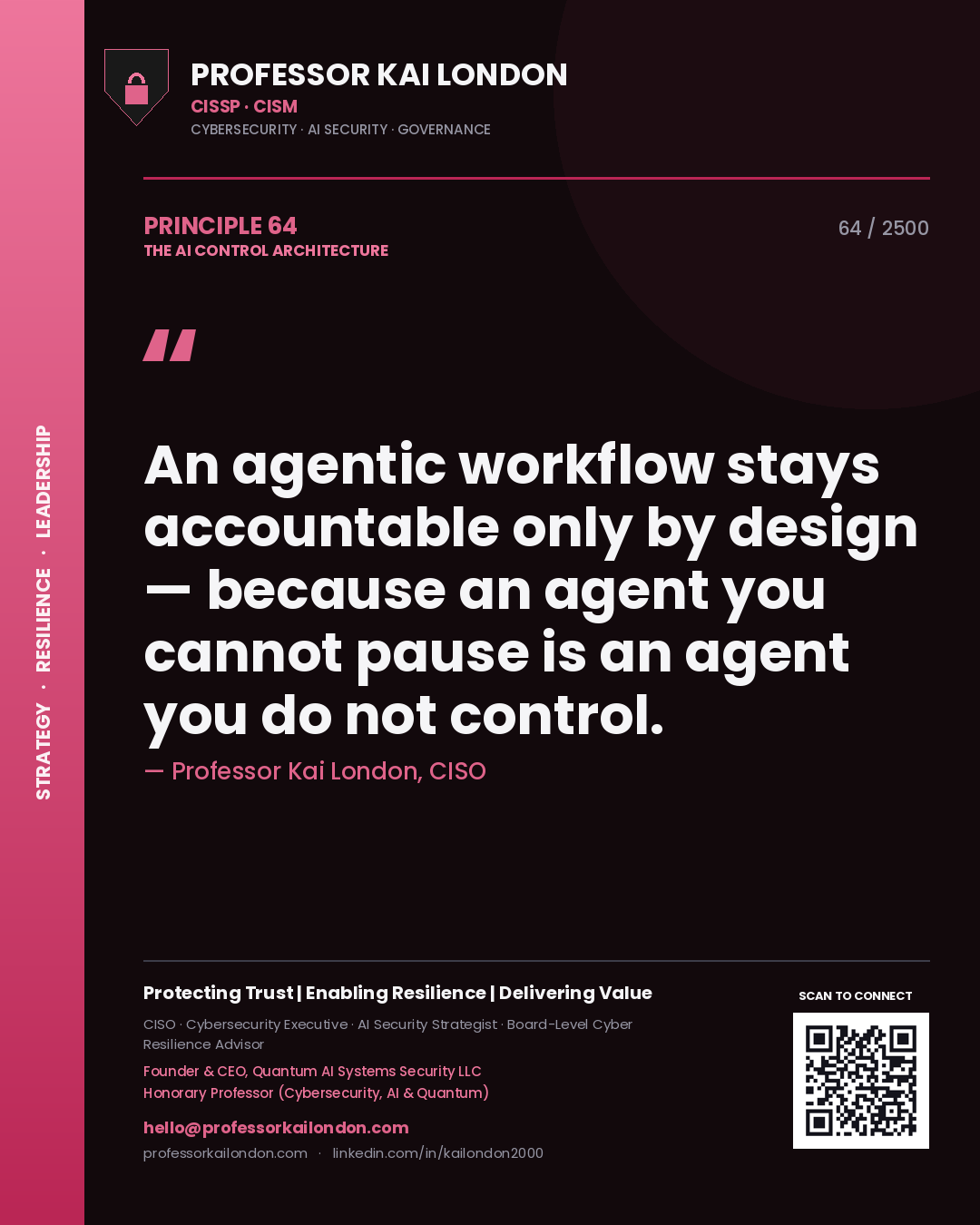 Professor Kai London principle 64: An agentic workflow stays accountable only by design — because an agent you cannot pause is an agent you do not control.