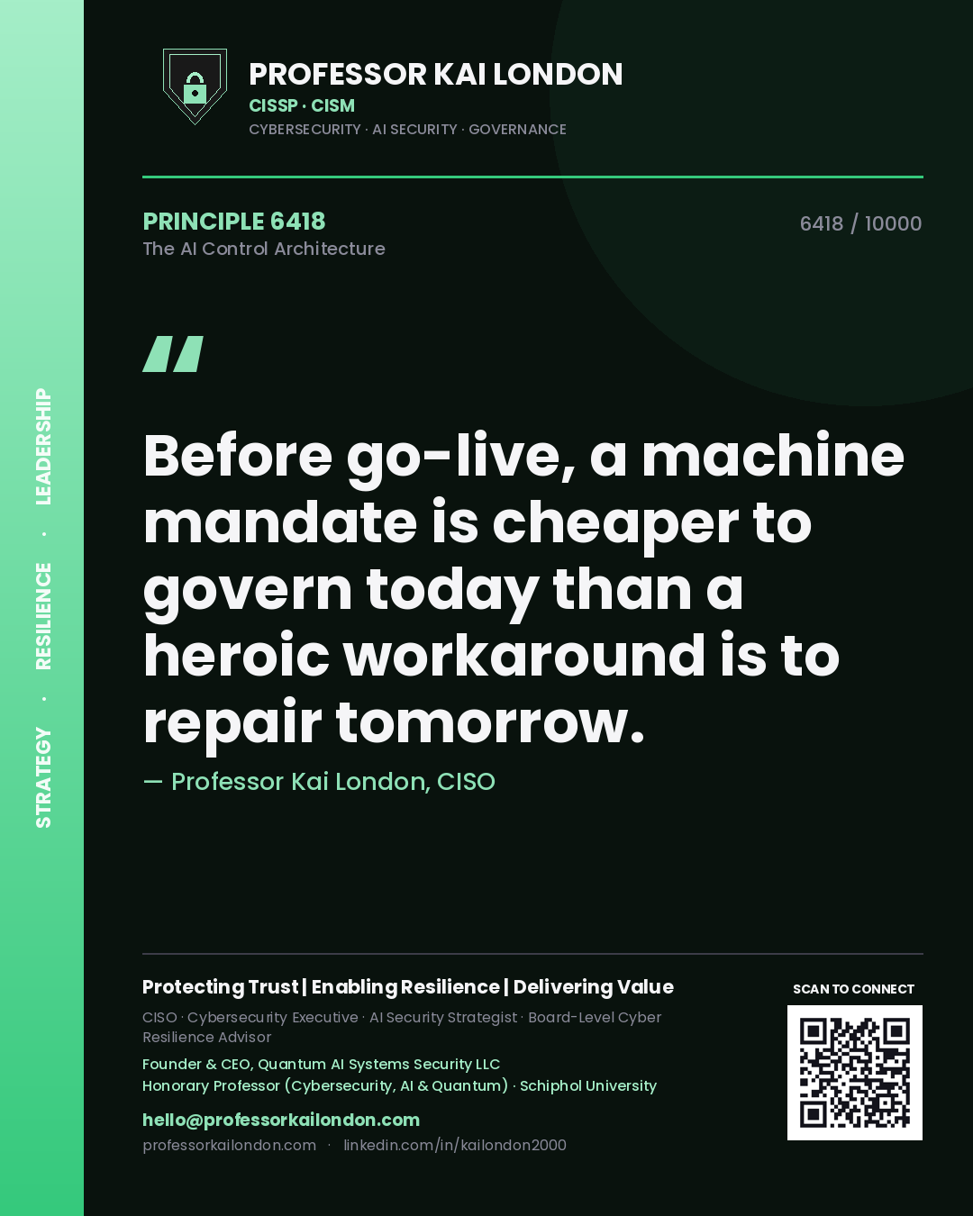 Professor Kai London principle 6418: Before go-live, a machine mandate is cheaper to govern today than a heroic workaround is to repair tomorrow.