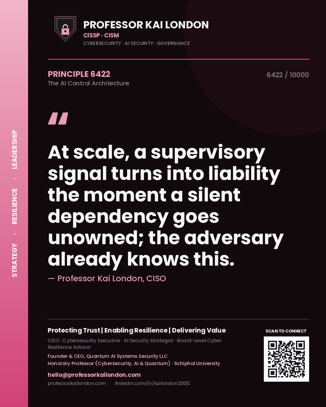 Quote card by Professor Kai London reading 'At scale, a supervisory signal turns into liability the moment a silent dependency goes unowned; the adversary already knows this.'. From the book The AI Control Architecture.