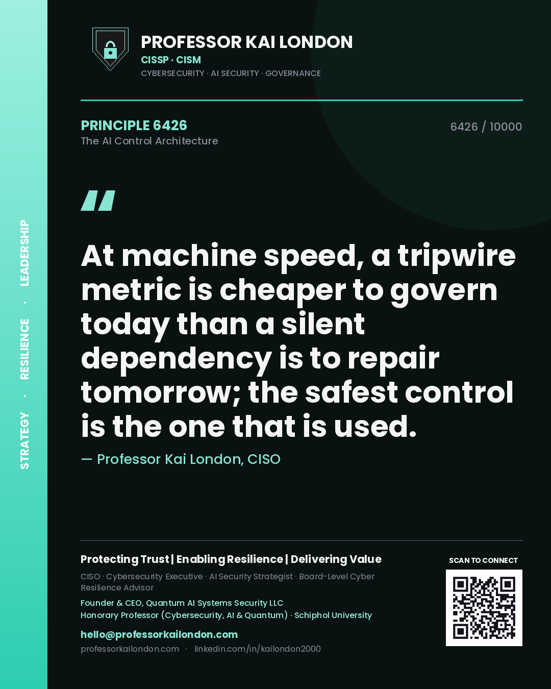Quote card by Professor Kai London reading 'At machine speed, a tripwire metric is cheaper to govern today than a silent dependency is to repair tomorrow; the safest control is the one that is used.'. From the book The AI Control Architecture.
