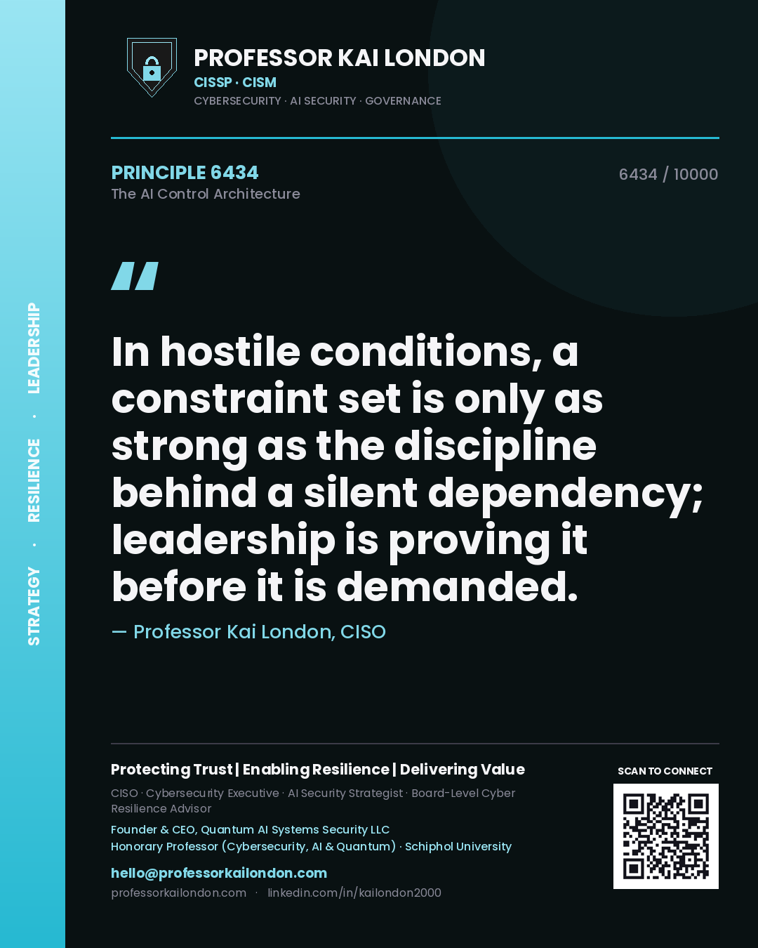 Professor Kai London principle 6434: In hostile conditions, a constraint set is only as strong as the discipline behind a silent dependency; leadership is proving it before it is demanded.