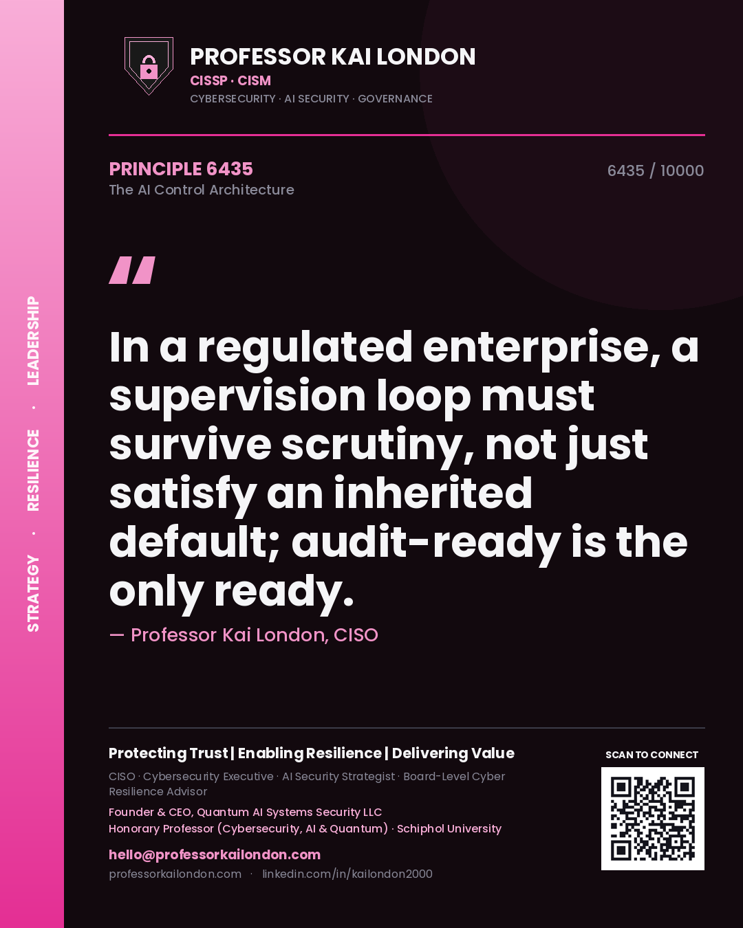 Professor Kai London principle 6435: In a regulated enterprise, a supervision loop must survive scrutiny, not just satisfy an inherited default; audit-ready is the only ready.