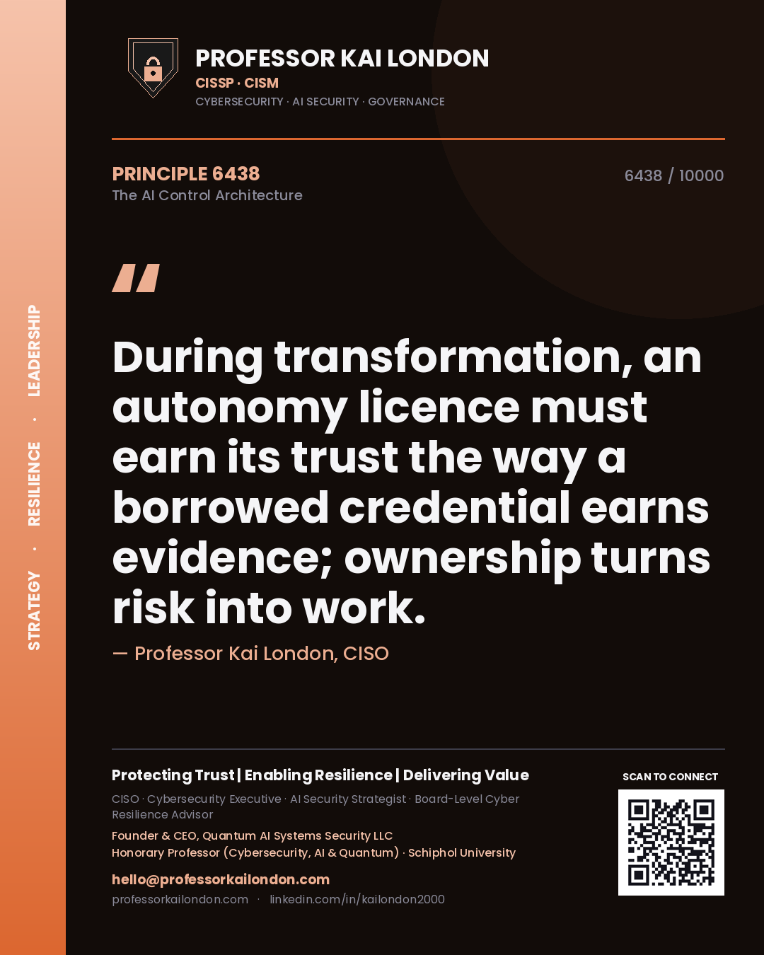Professor Kai London principle 6438: During transformation, an autonomy licence must earn its trust the way a borrowed credential earns evidence; ownership turns risk into work.
