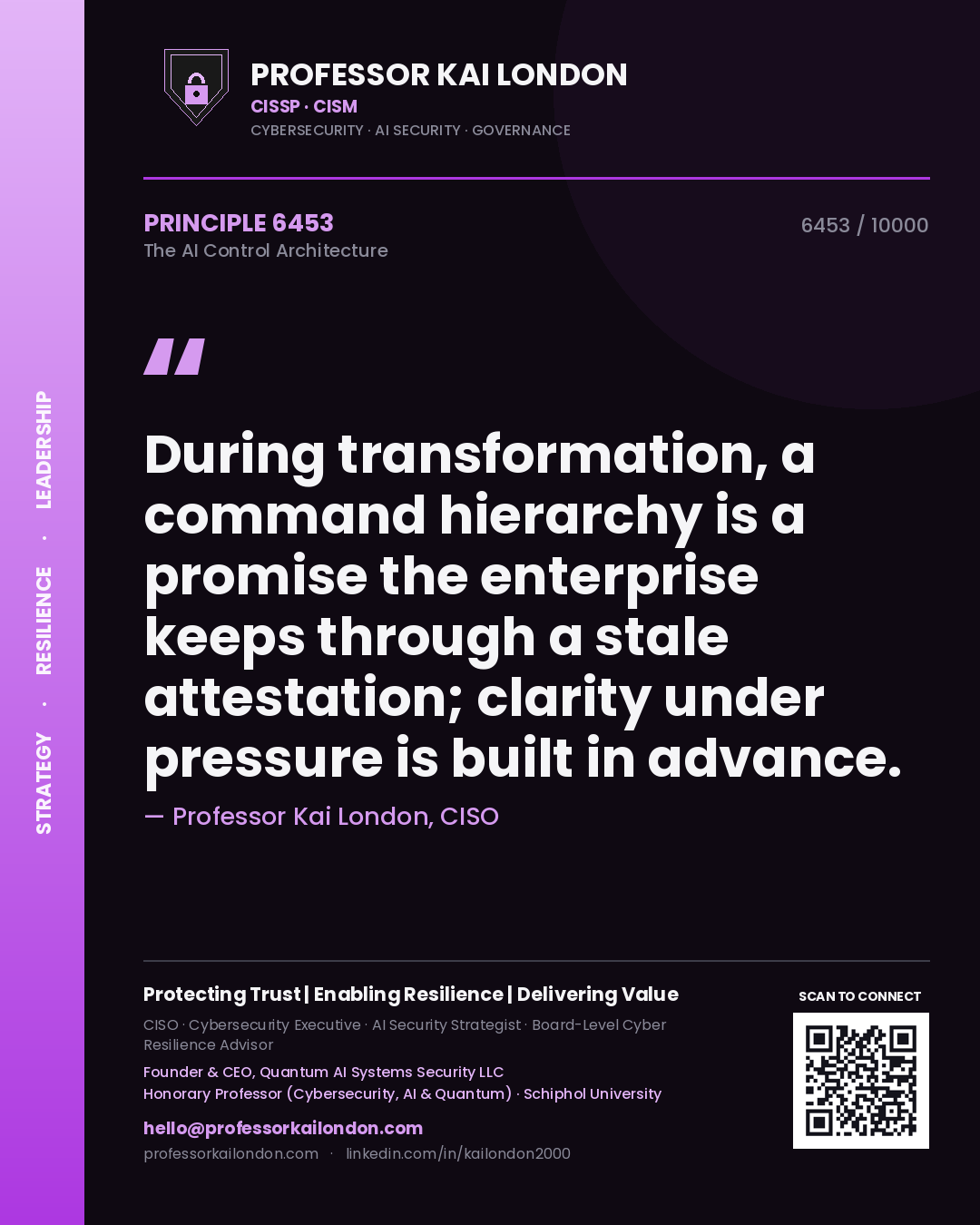 Quote card by Professor Kai London reading 'During transformation, a command hierarchy is a promise the enterprise keeps through a stale attestation; clarity under pressure is built in advance.'. From the book The AI Control Architecture.