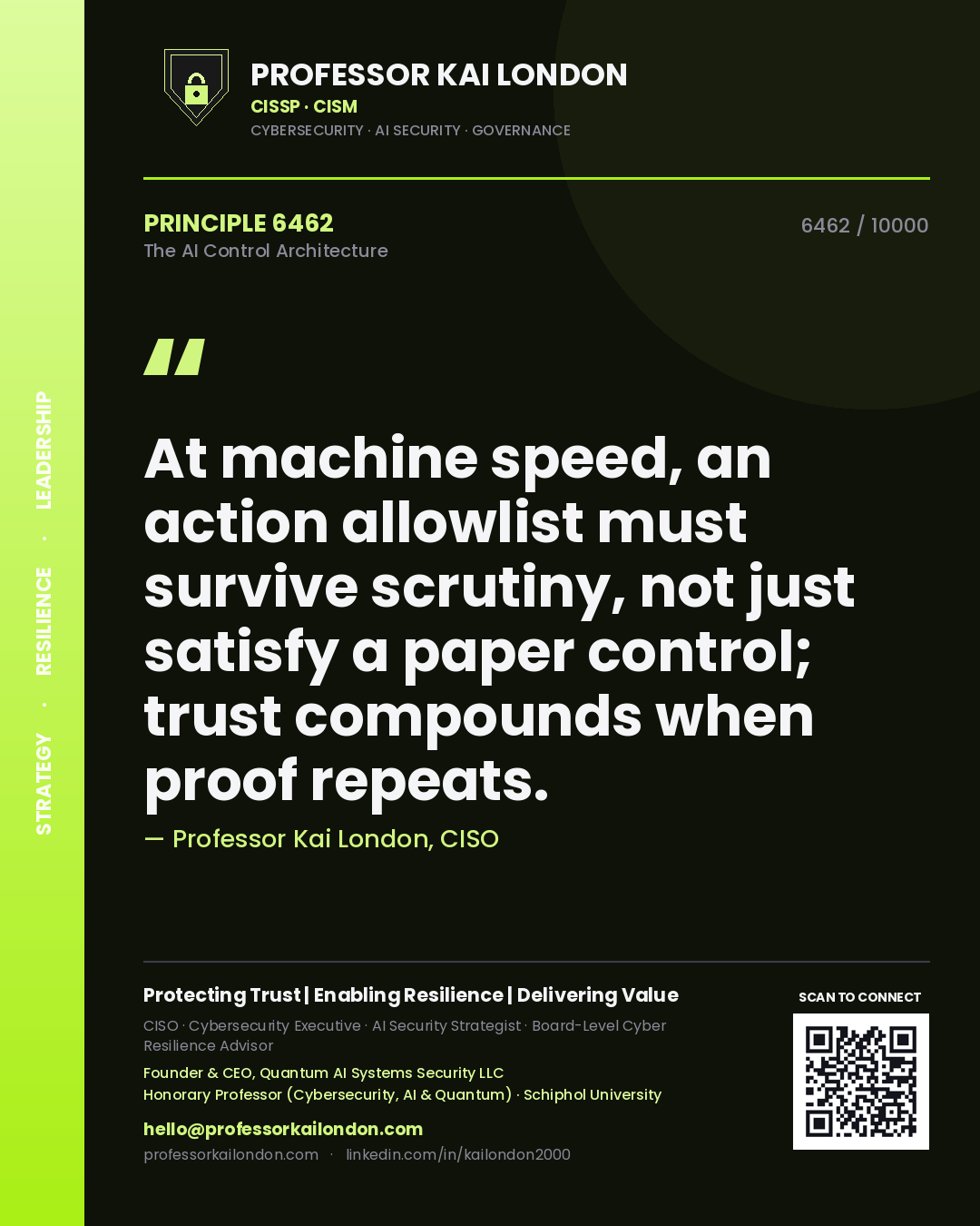 Professor Kai London principle 6462: At machine speed, an action allowlist must survive scrutiny, not just satisfy a paper control; trust compounds when proof repeats.