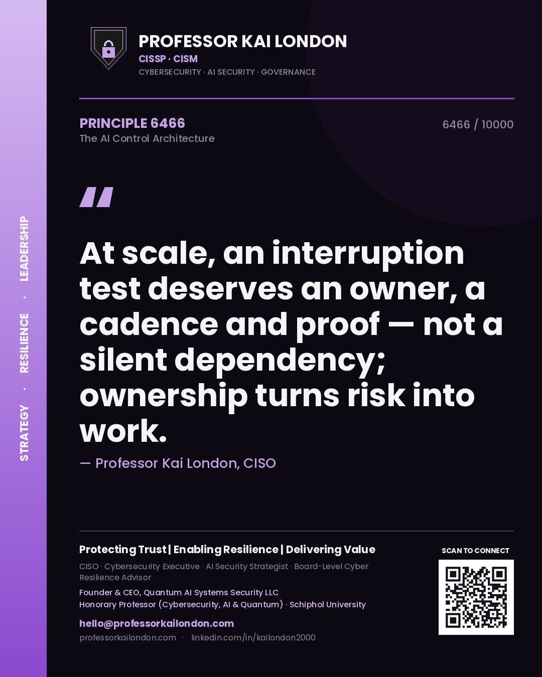 Quote card by Professor Kai London reading 'At scale, an interruption test deserves an owner, a cadence and proof — not a silent dependency; ownership turns risk into work.'. From the book The AI Control Architecture.