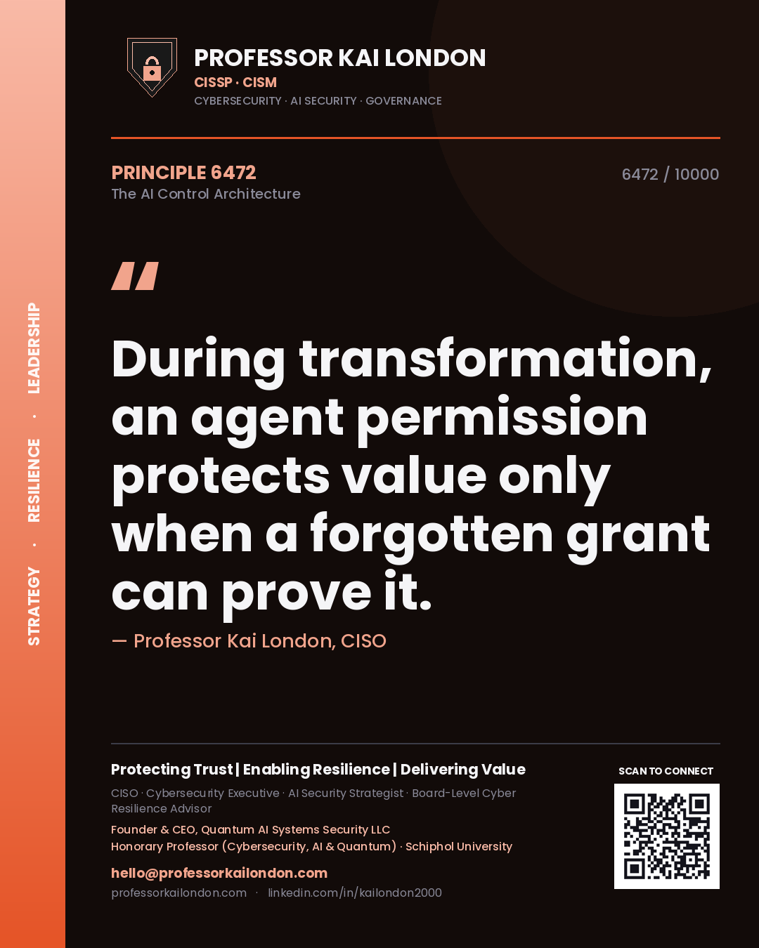 Professor Kai London principle 6472: During transformation, an agent permission protects value only when a forgotten grant can prove it.
