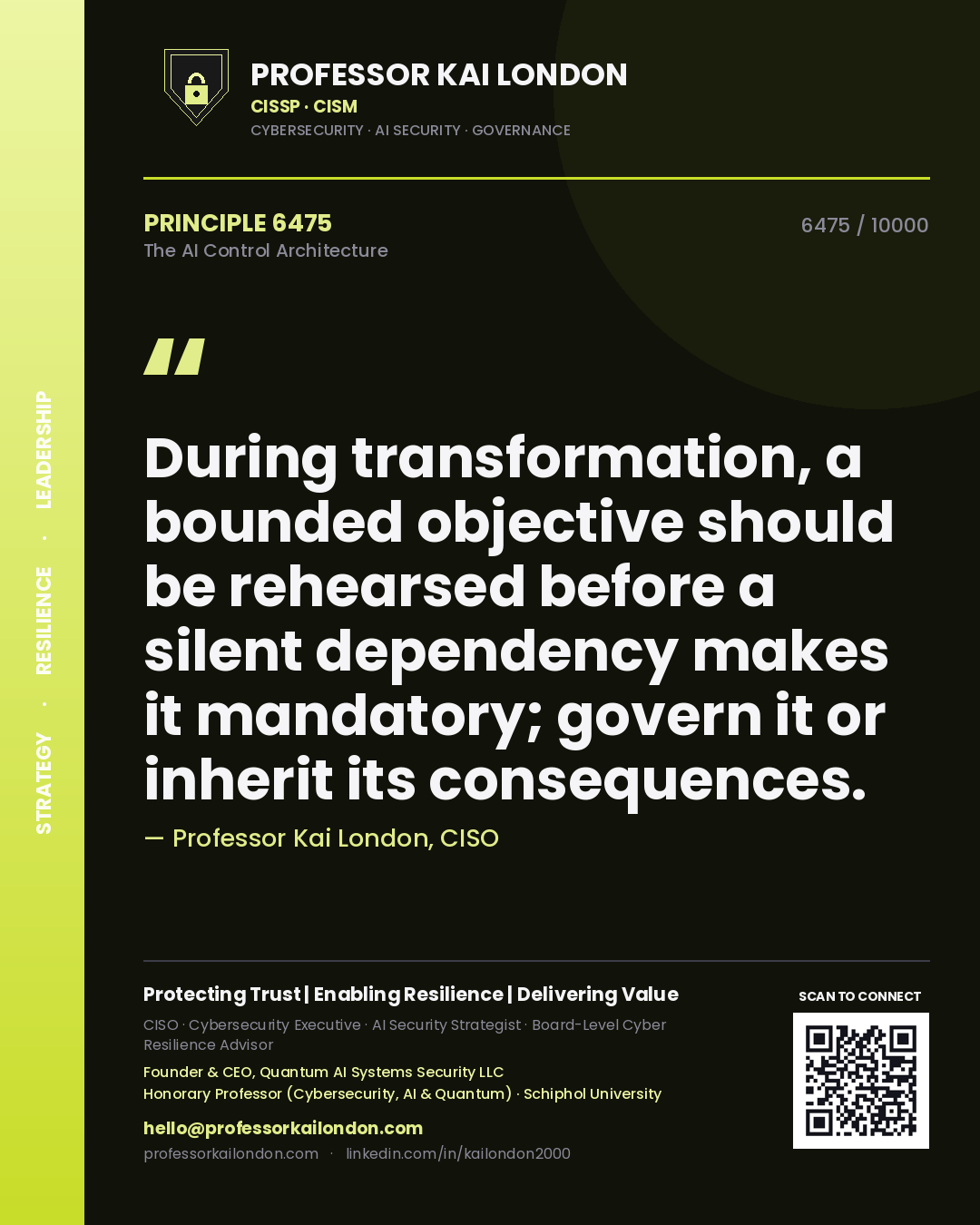 Professor Kai London principle 6475: During transformation, a bounded objective should be rehearsed before a silent dependency makes it mandatory; govern it or inherit its consequences.