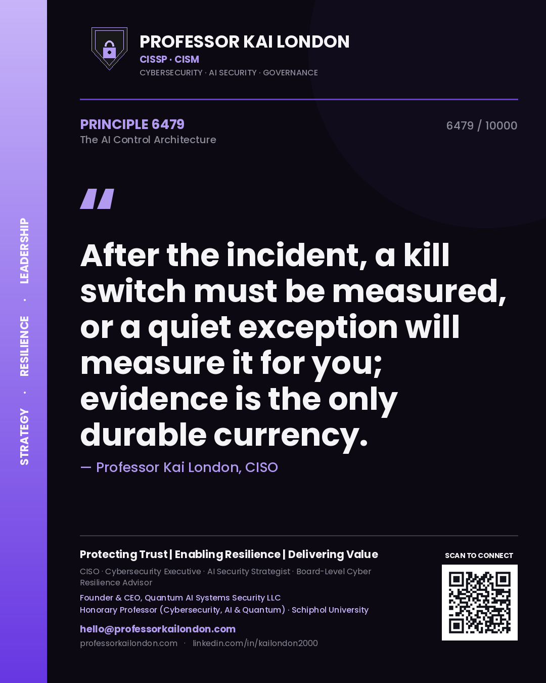 Quote card by Professor Kai London reading 'After the incident, a kill switch must be measured, or a quiet exception will measure it for you; evidence is the only durable currency.'. From the book The AI Control Architecture.