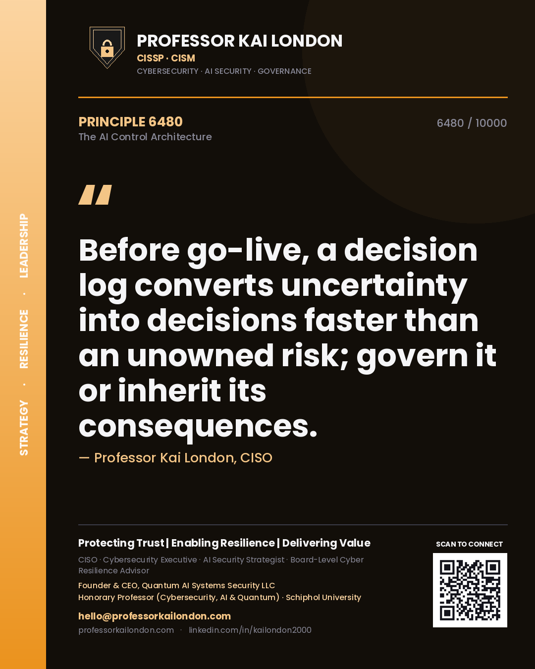 Quote card by Professor Kai London reading 'Before go-live, a decision log converts uncertainty into decisions faster than an unowned risk; govern it or inherit its consequences.'. From the book The AI Control Architecture.