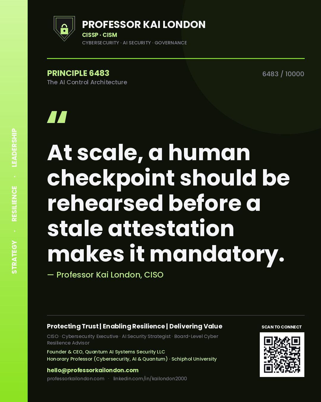 Professor Kai London principle 6483: At scale, a human checkpoint should be rehearsed before a stale attestation makes it mandatory.
