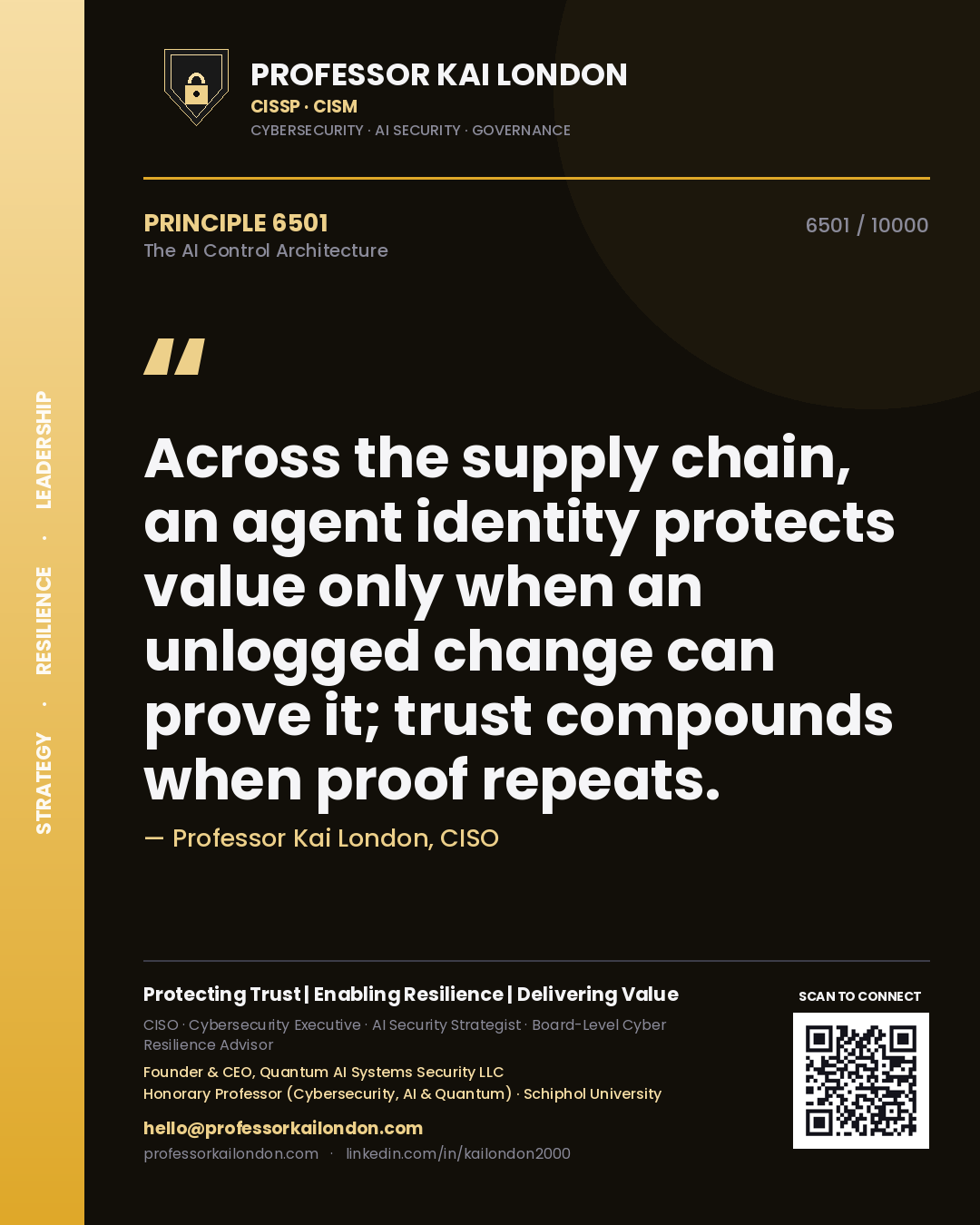 Professor Kai London principle 6501: Across the supply chain, an agent identity protects value only when an unlogged change can prove it; trust compounds when proof repeats.