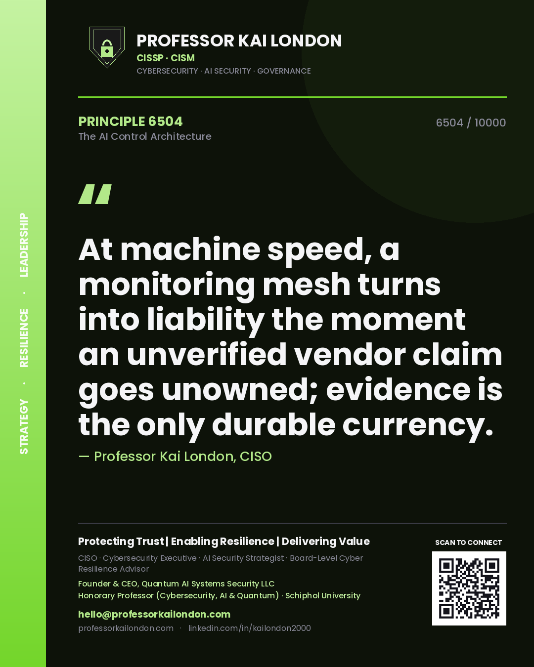 Professor Kai London principle 6504: At machine speed, a monitoring mesh turns into liability the moment an unverified vendor claim goes unowned; evidence is the only durable currency.