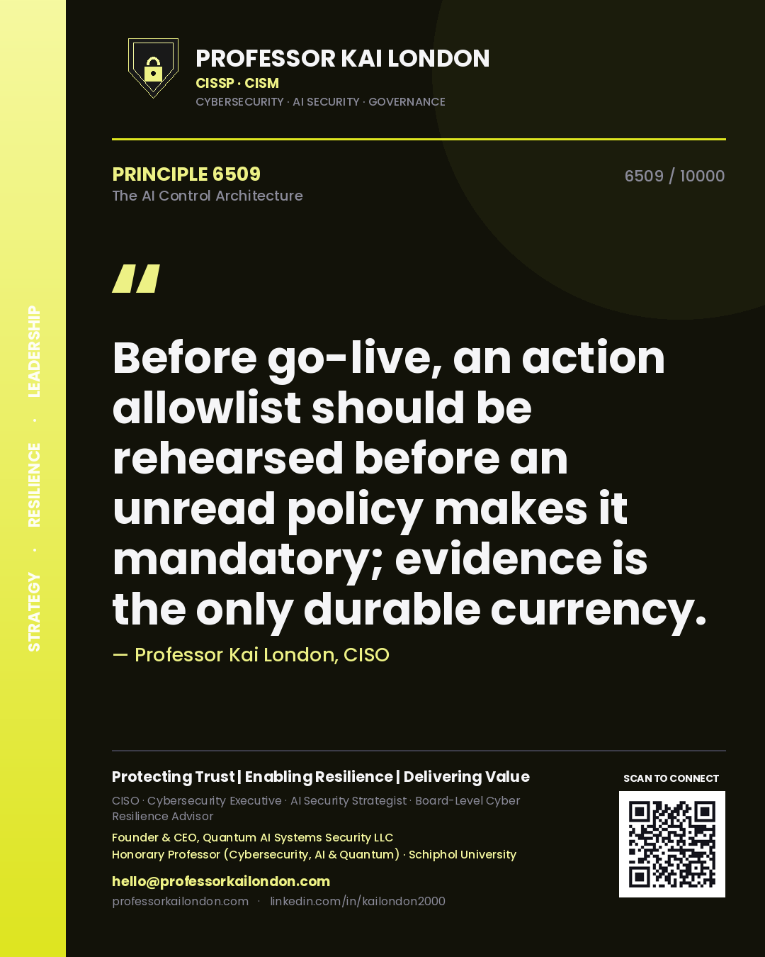 Quote card by Professor Kai London reading 'Before go-live, an action allowlist should be rehearsed before an unread policy makes it mandatory; evidence is the only durable currency.'. From the book The AI Control Architecture.