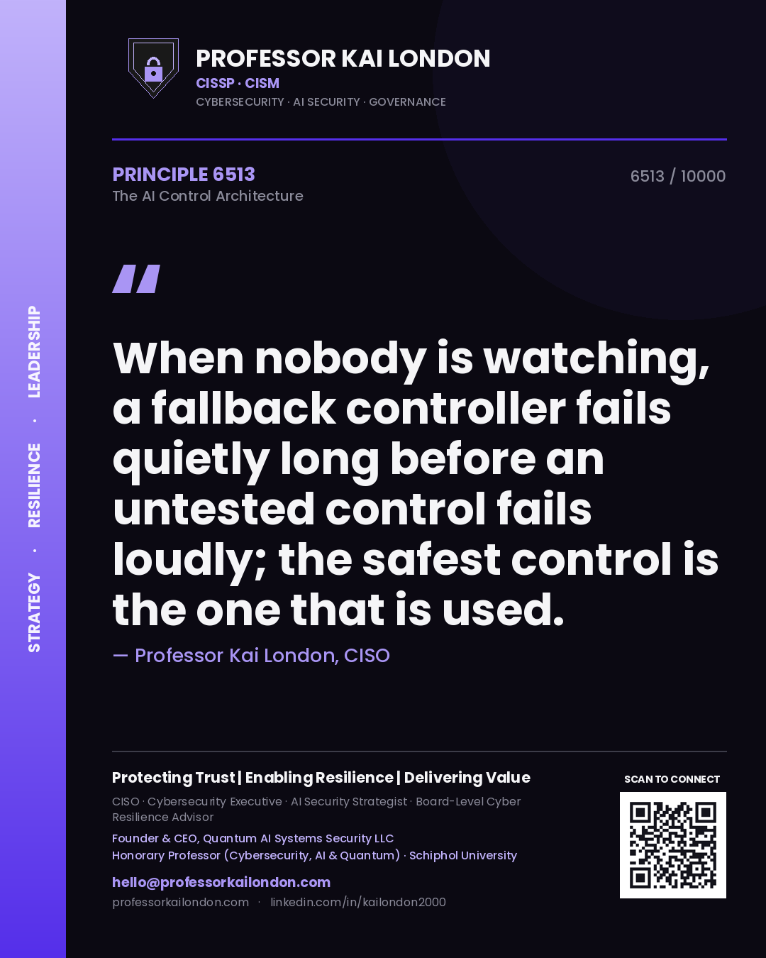 Quote card by Professor Kai London reading 'When nobody is watching, a fallback controller fails quietly long before an untested control fails loudly; the safest control is the one that is used.'. From the book The AI Control Architecture.
